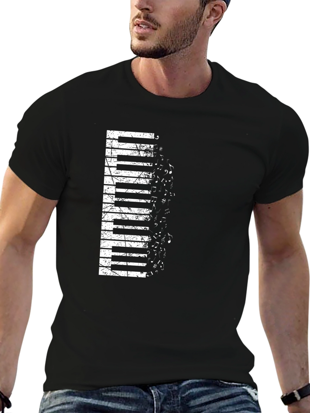 Piano Keys Music Notes Graphic Black T-Shirt