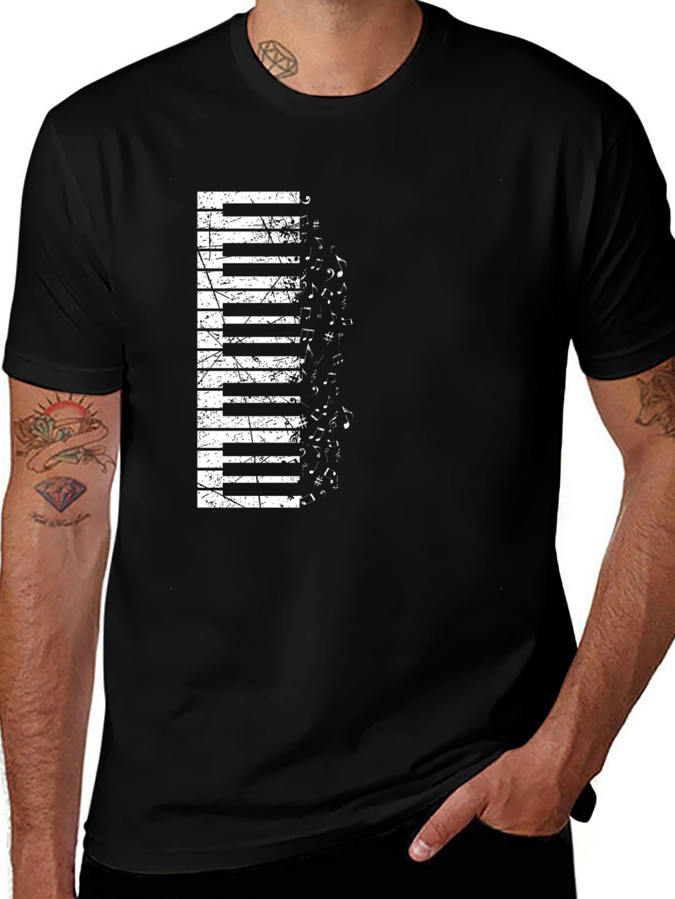 Piano Keys Music Notes Graphic Black T-Shirt
