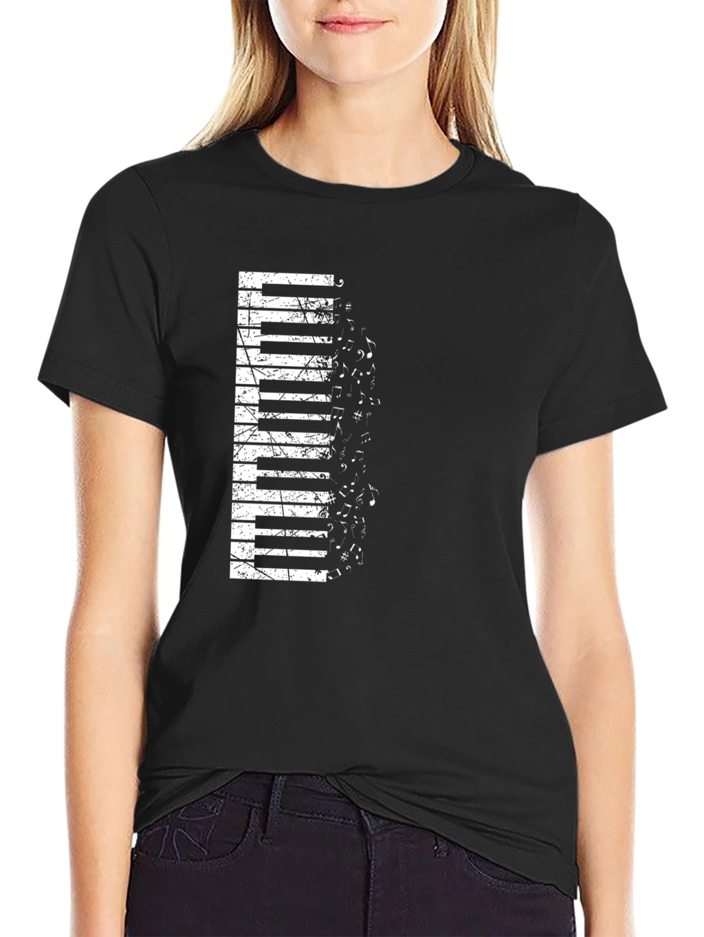 Piano Keys Music Notes Graphic Black T-Shirt