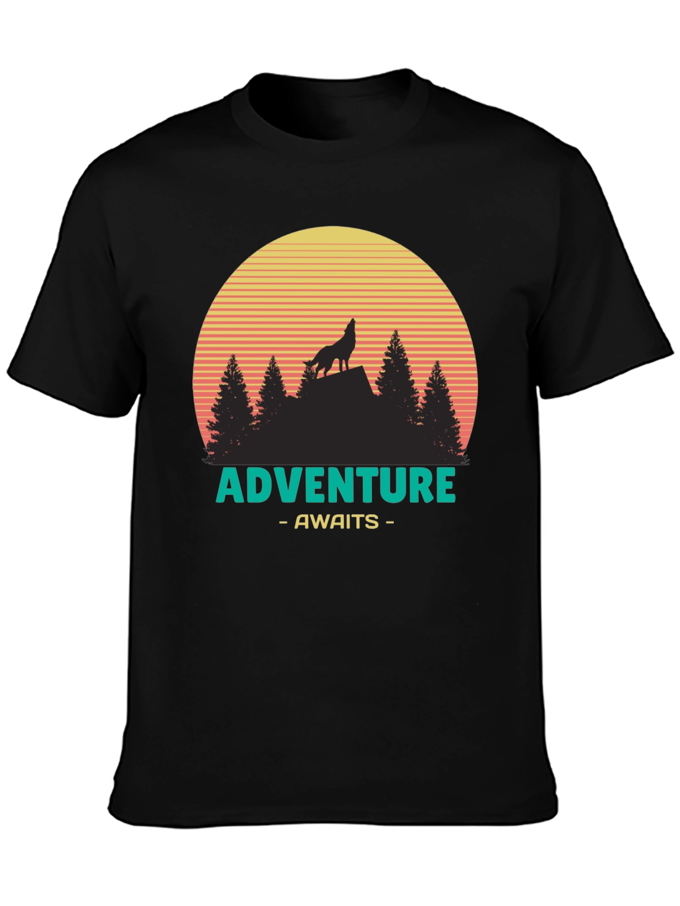 Adventure Awaits Graphic T-Shirt - Wolf & Sunset Design