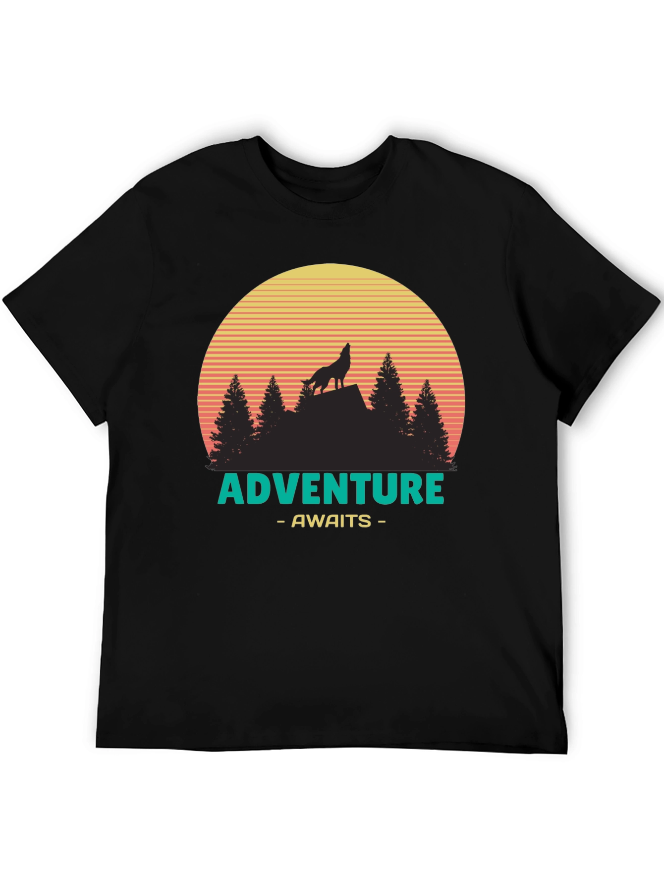 Adventure Awaits Graphic T-Shirt - Wolf & Sunset Design