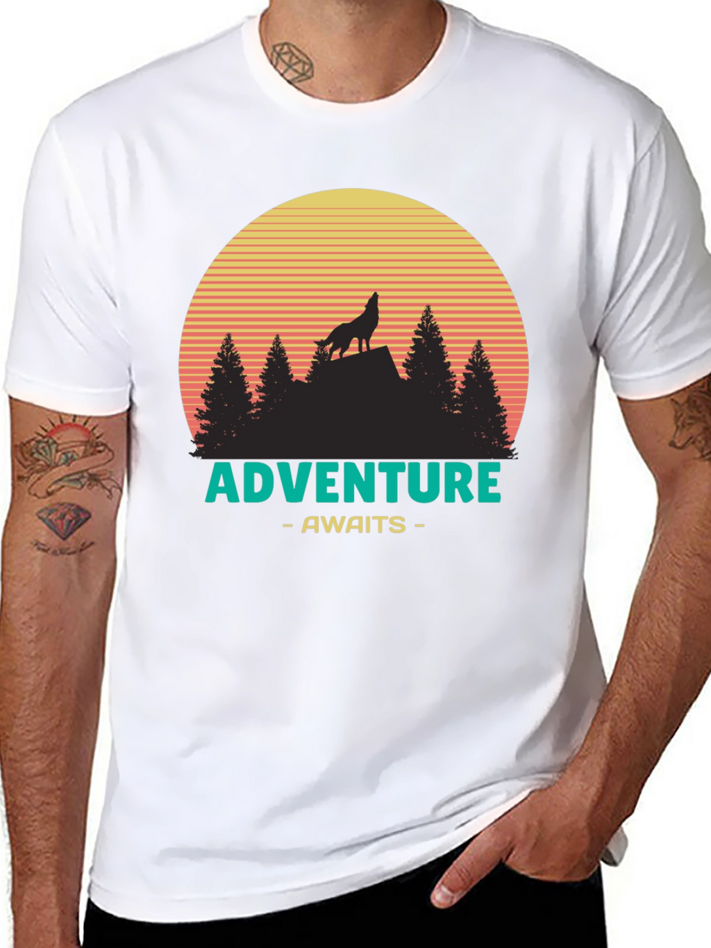 Adventure Awaits Graphic T-Shirt - Wolf & Sunset Design