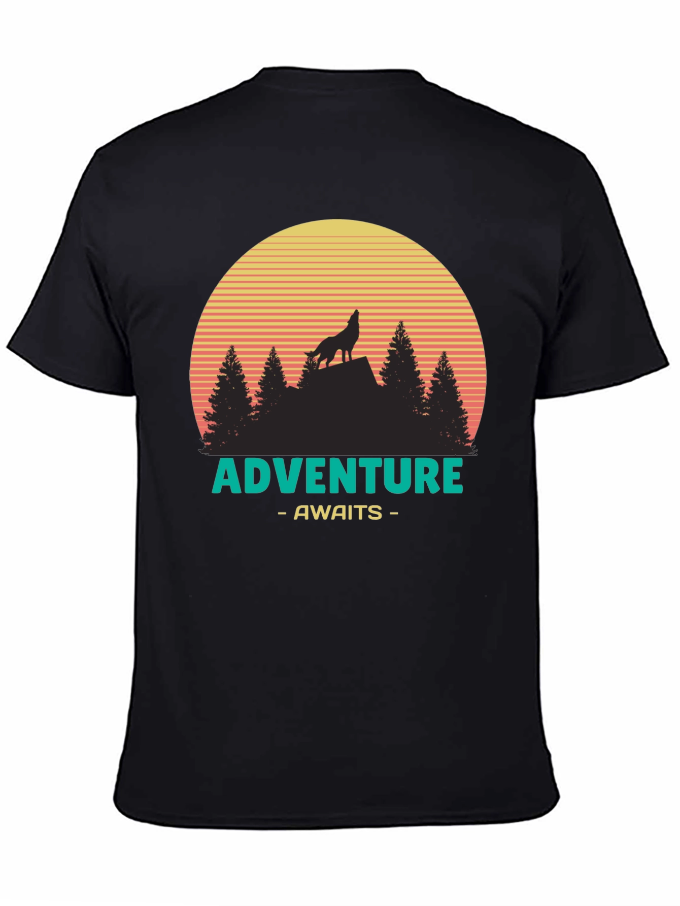 Adventure Awaits Graphic T-Shirt - Wolf & Sunset Design