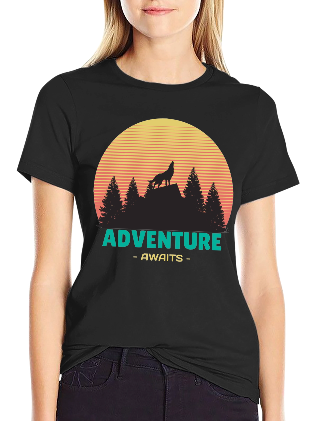Adventure Awaits Graphic T-Shirt - Wolf & Sunset Design