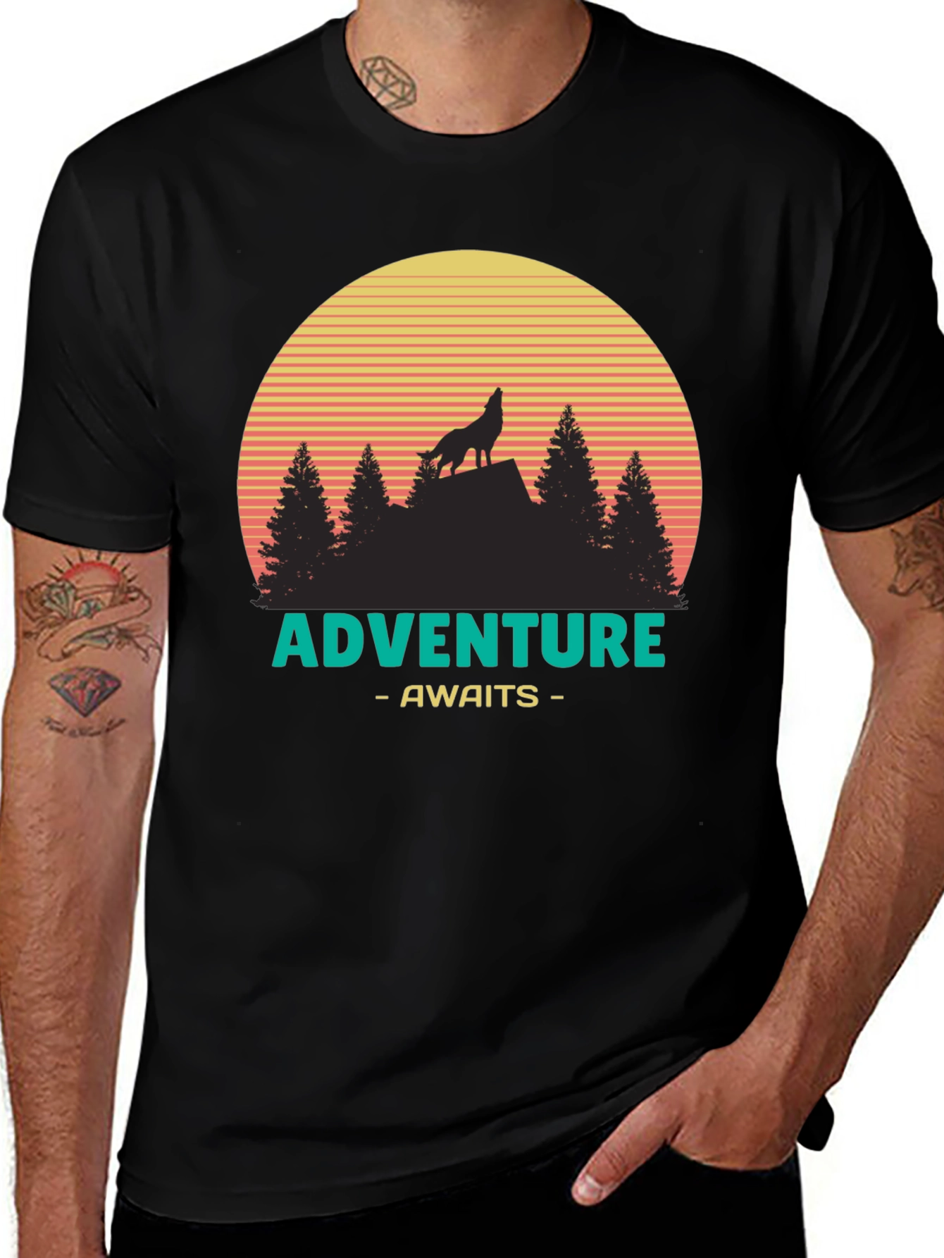 Adventure Awaits Graphic T-Shirt - Wolf & Sunset Design
