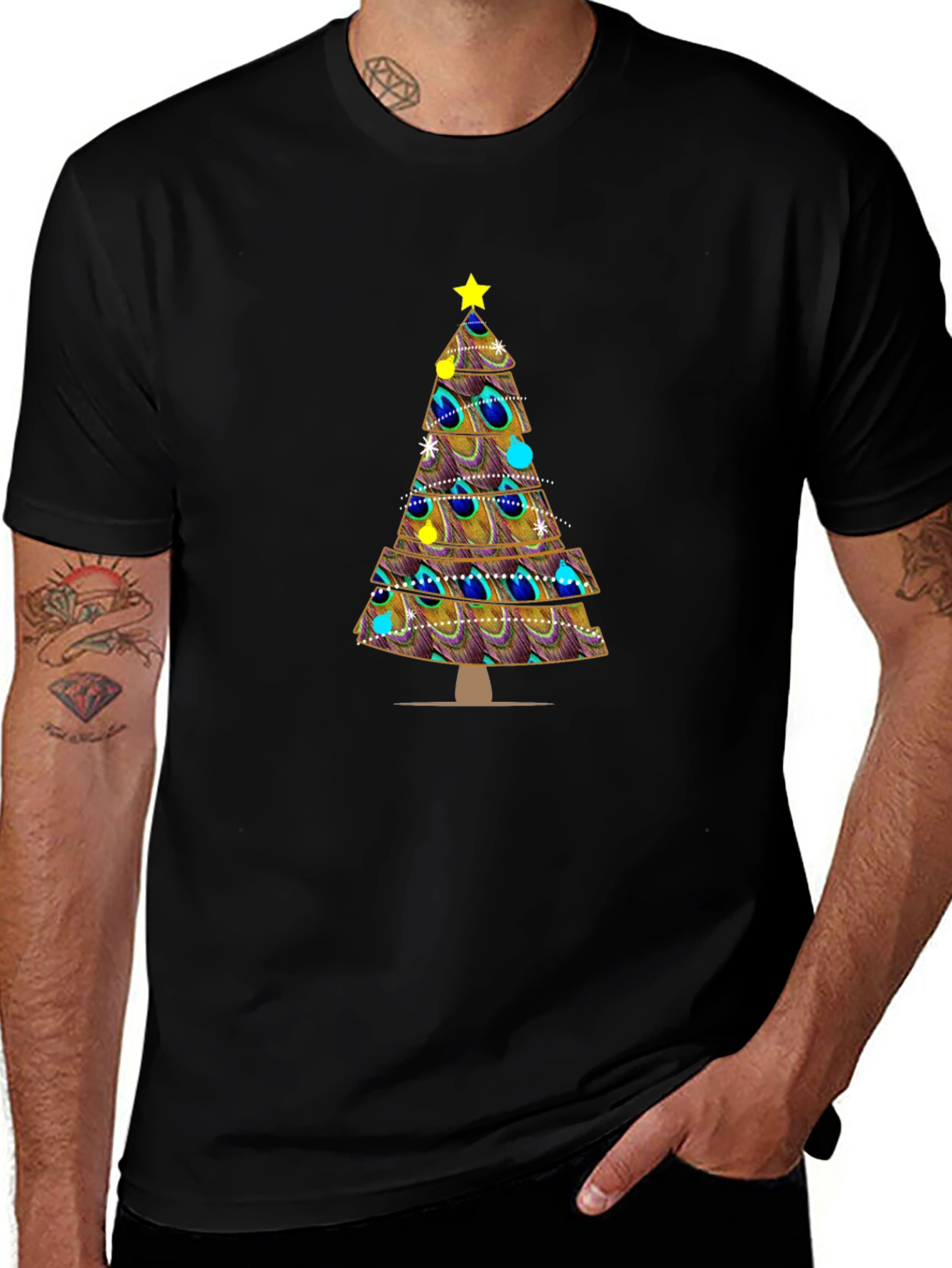 Peacock Feather Christmas Tree Graphic Tee