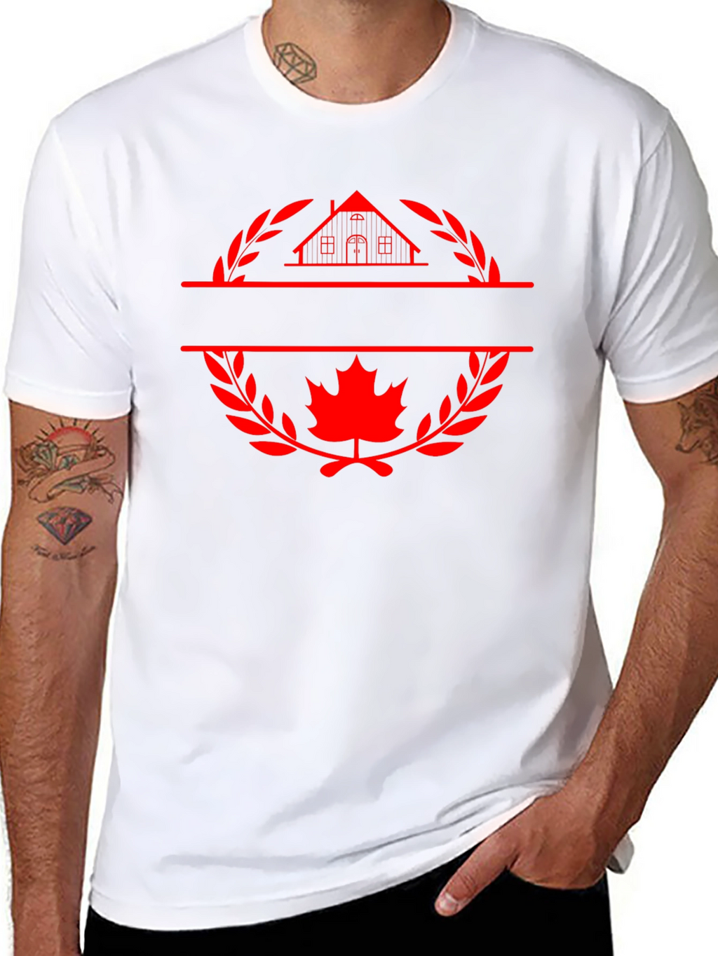 Black T-Shirt with House and Maple Leaf Graphic