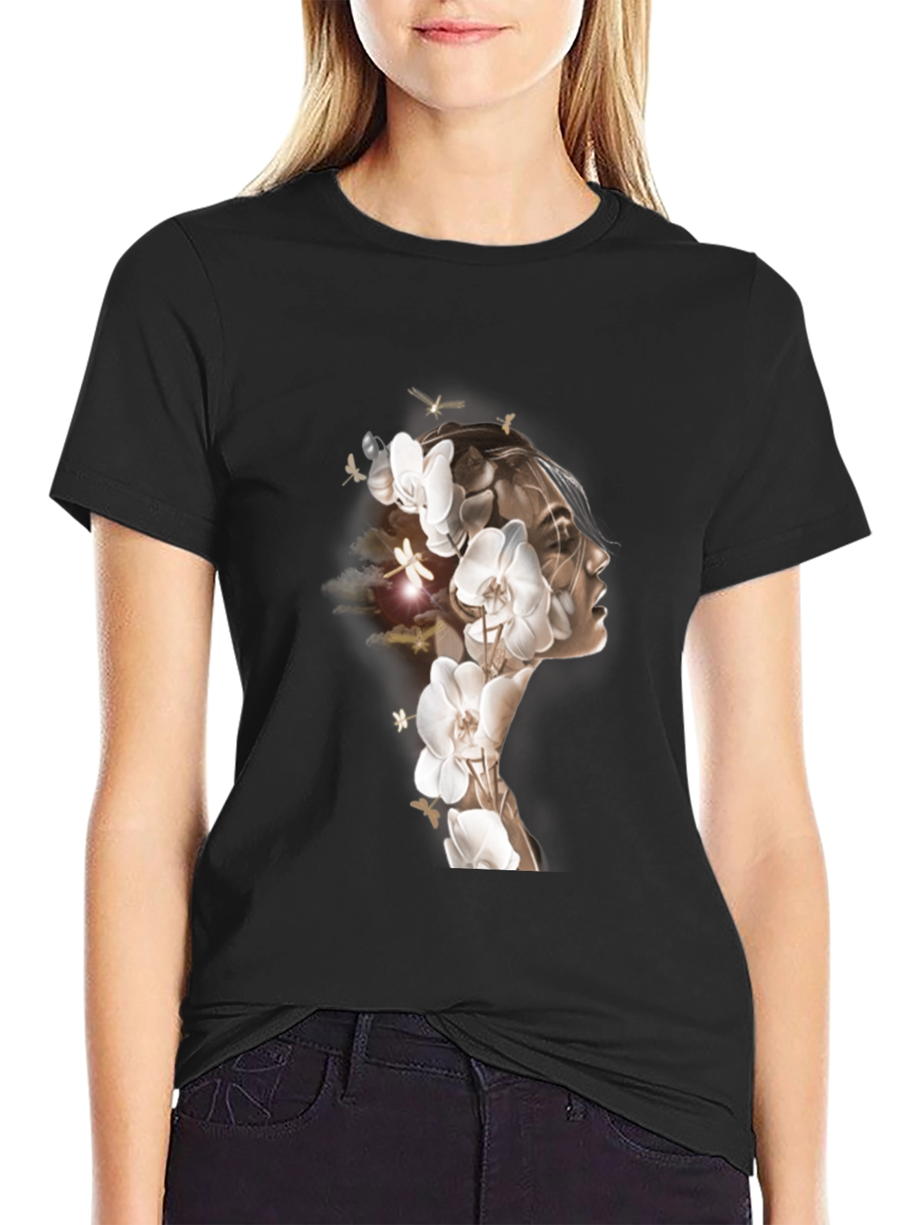 Orchid Woman Graphic Tee - Stylish Black T-Shirt