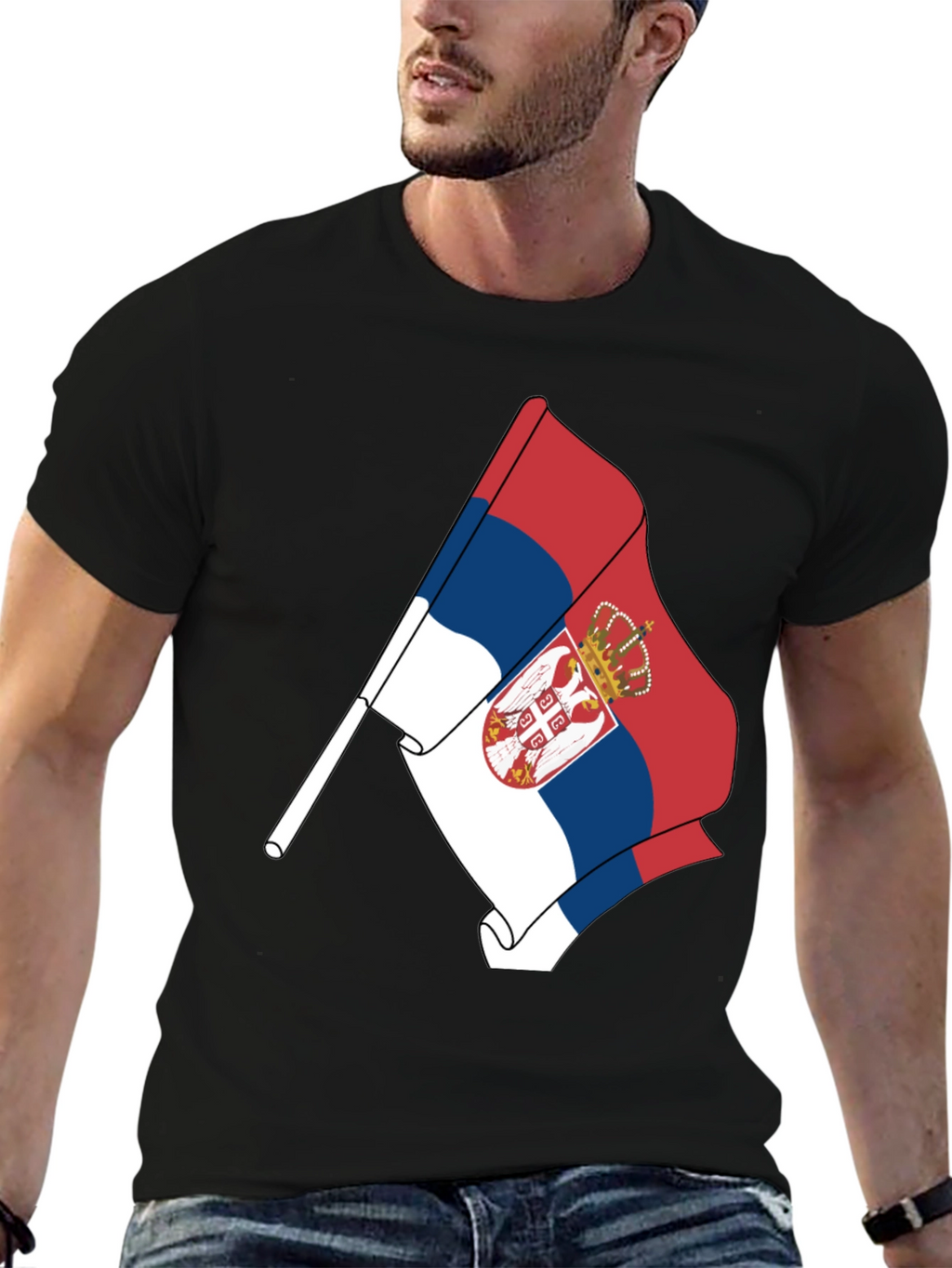 Serbia Flag Graphic Tee - Black Cotton Comfort