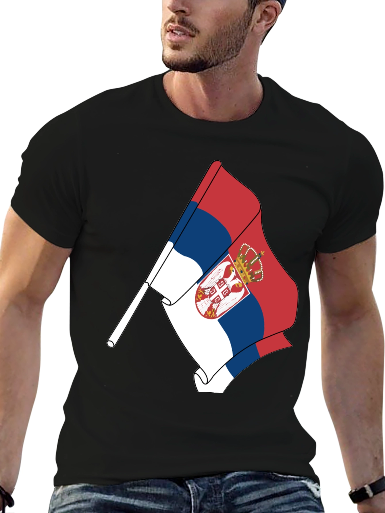Serbia Flag Graphic Tee - Black Cotton Comfort