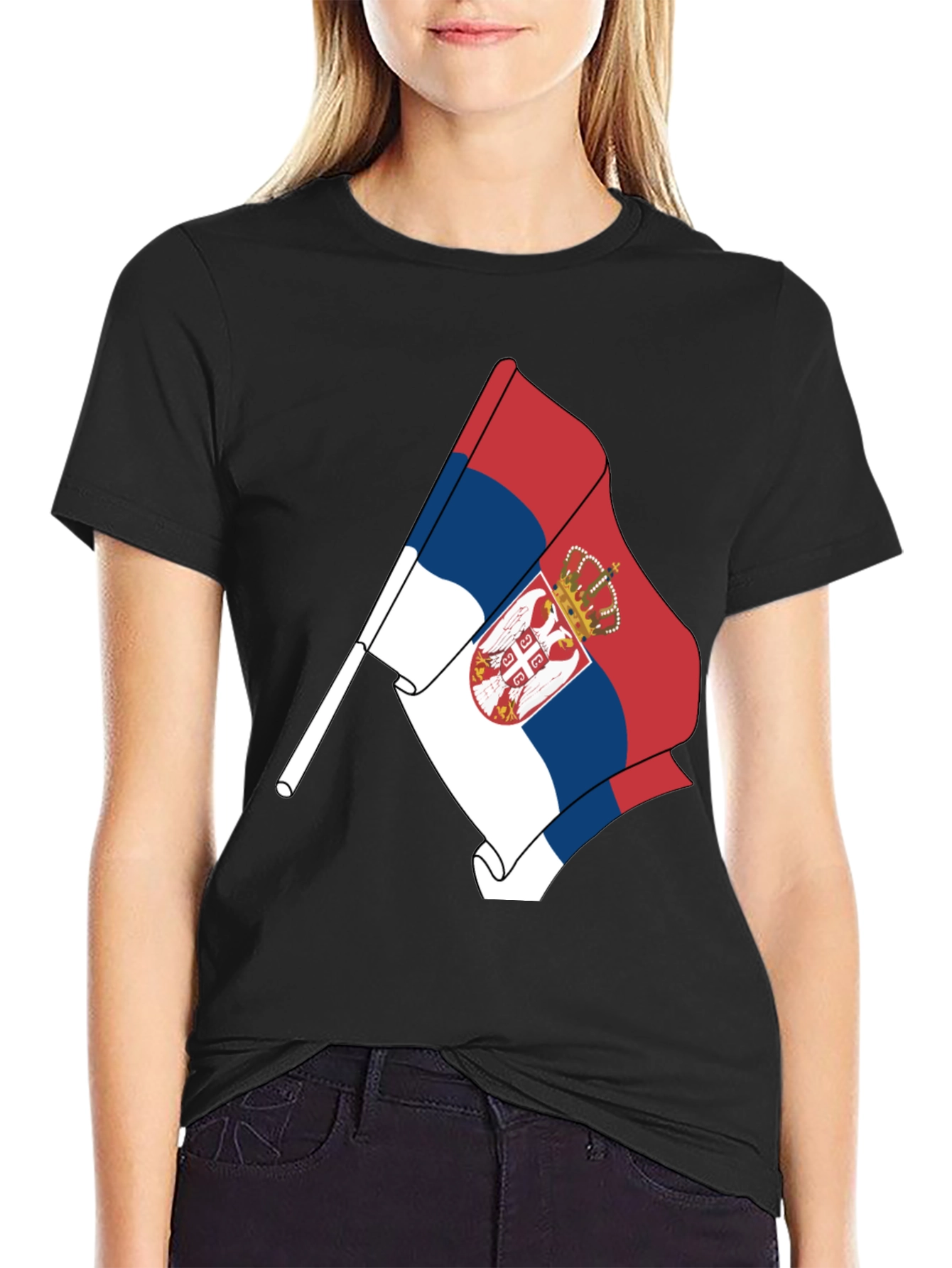 Serbia Flag Graphic Tee - Black Cotton Comfort