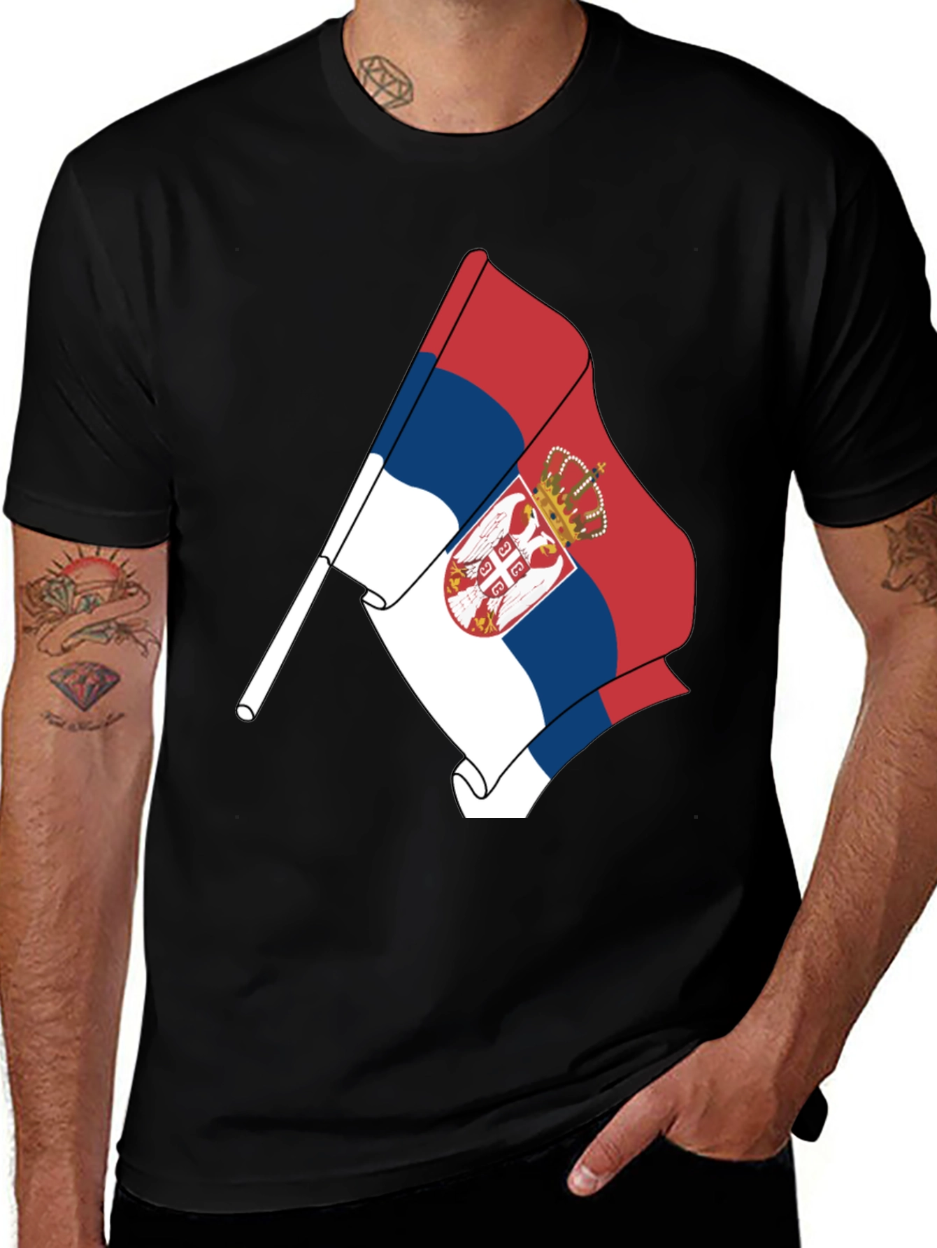 Serbia Flag Graphic Tee - Black Cotton Comfort