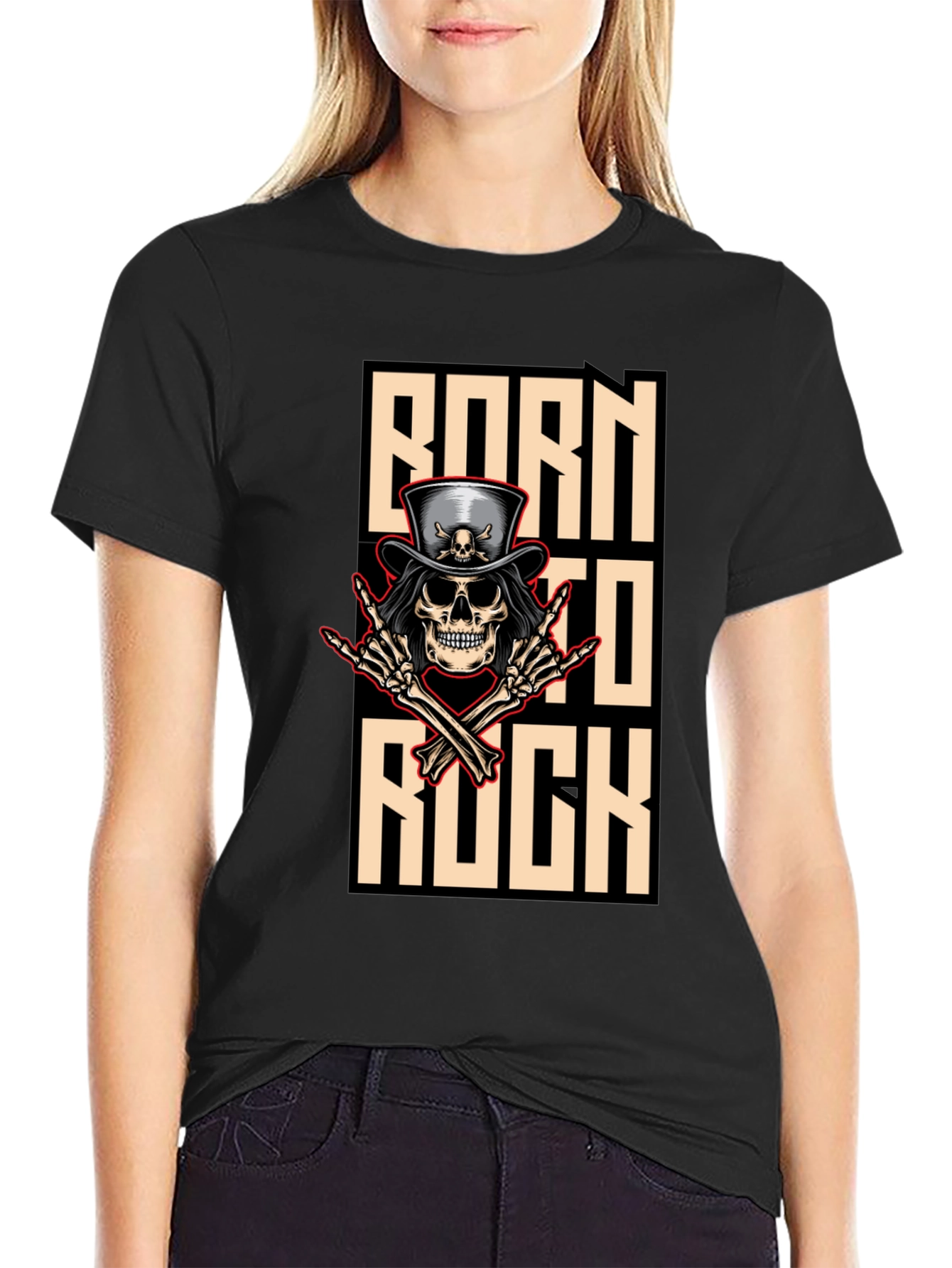 Born To Rock T-Shirt Skull & Top Hat