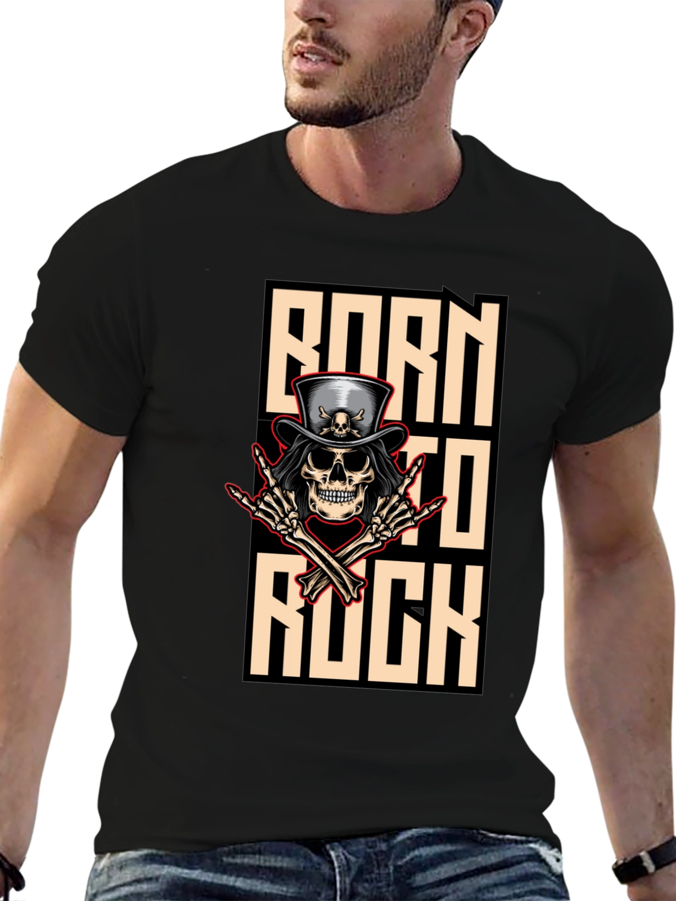 Born To Rock T-Shirt Skull & Top Hat
