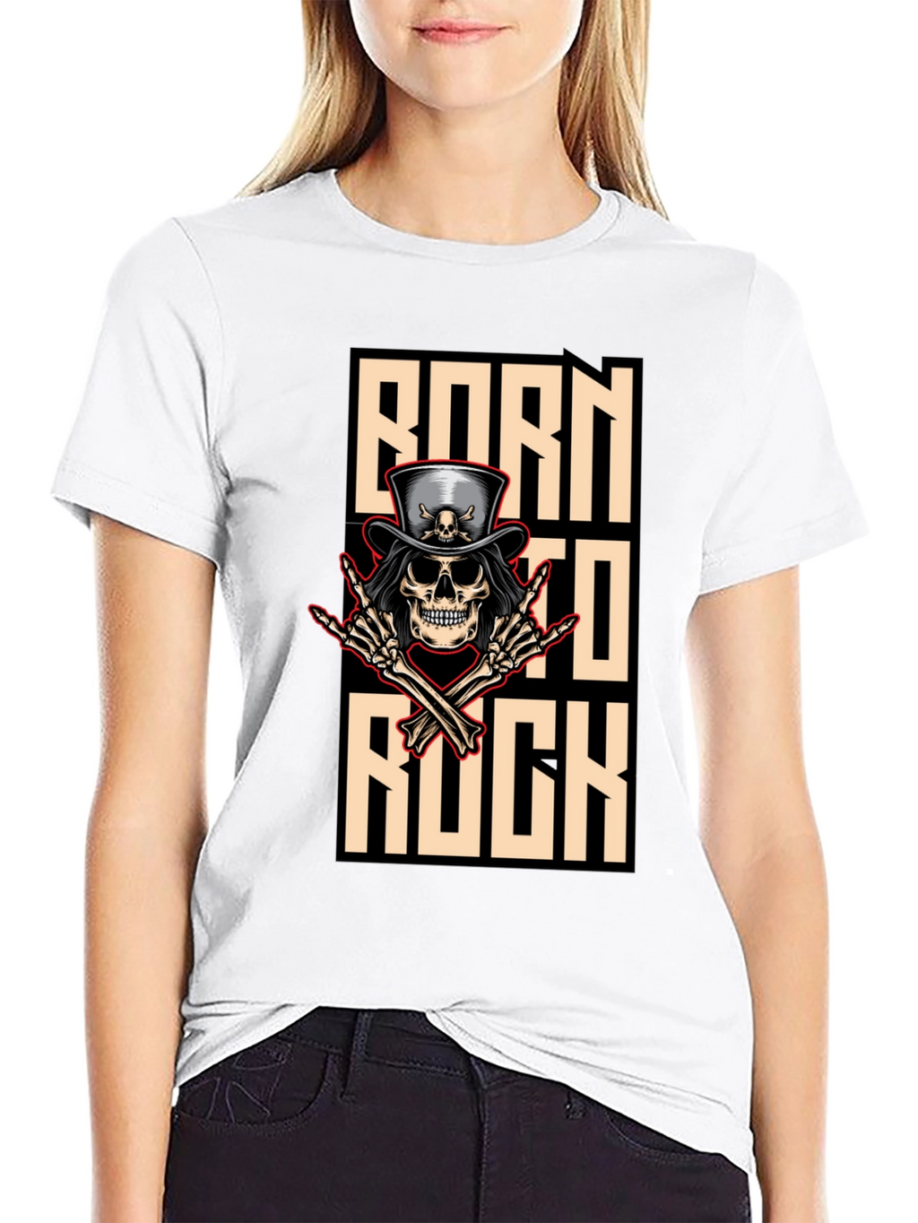 Born To Rock T-Shirt Skull & Top Hat