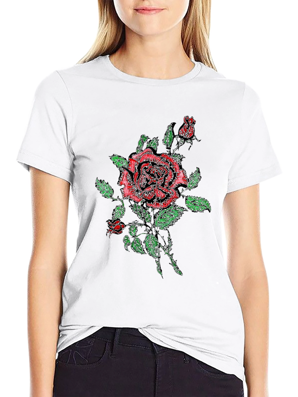 Black T-Shirt with Floral Rose Print