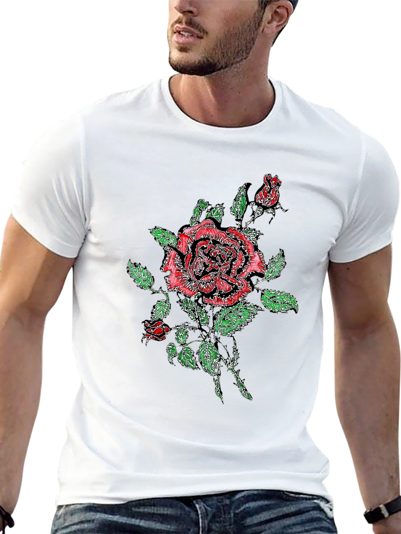 Black T-Shirt with Floral Rose Print