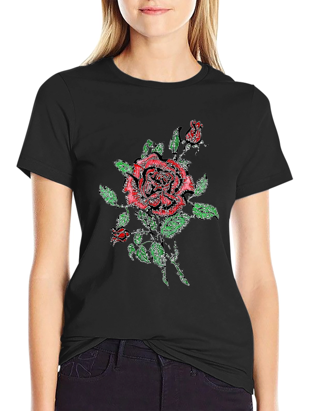 Black T-Shirt with Floral Rose Print