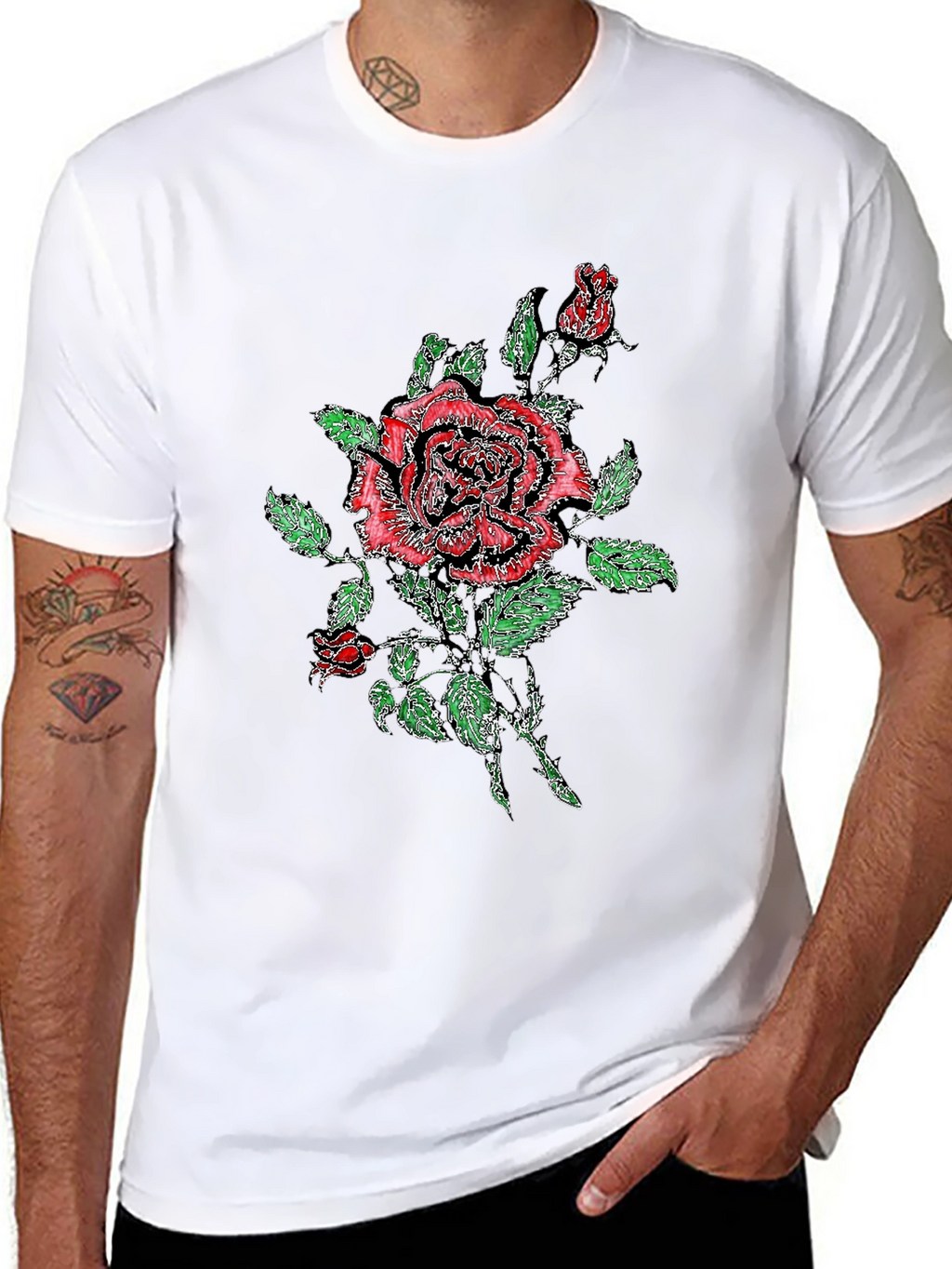 Black T-Shirt with Floral Rose Print