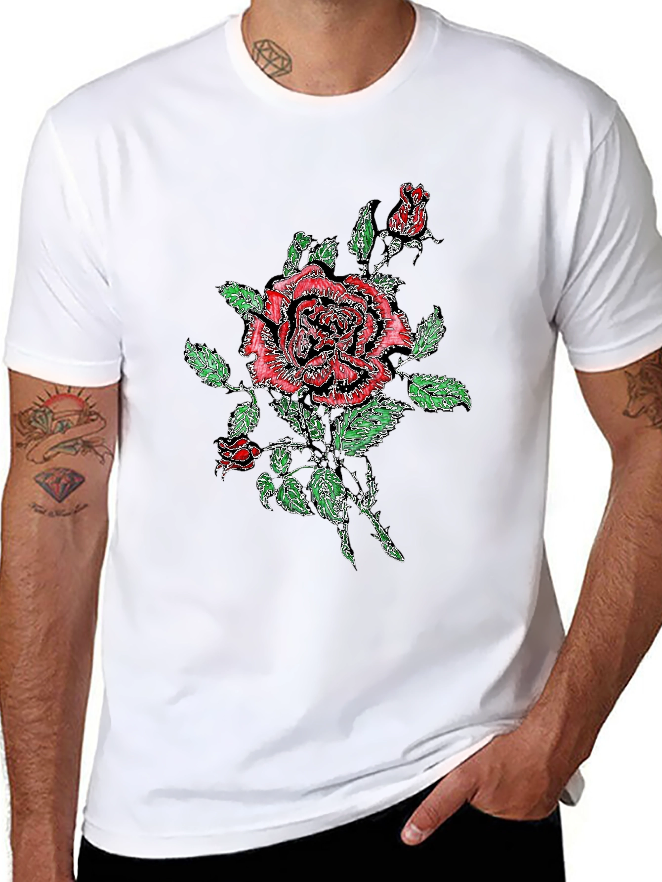 Black T-Shirt with Floral Rose Print