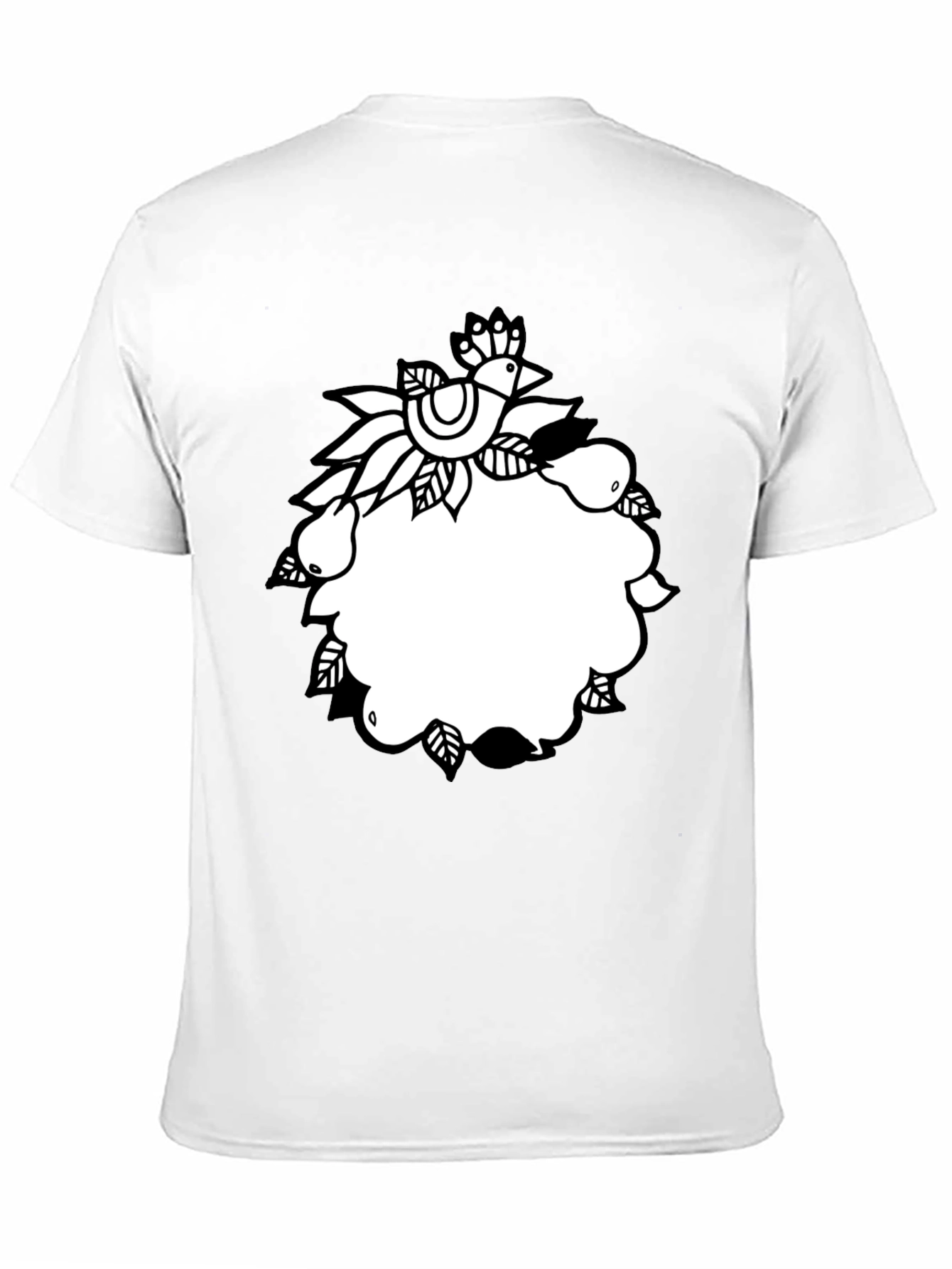 Black Tee with Folk Art Bird and Pear Design