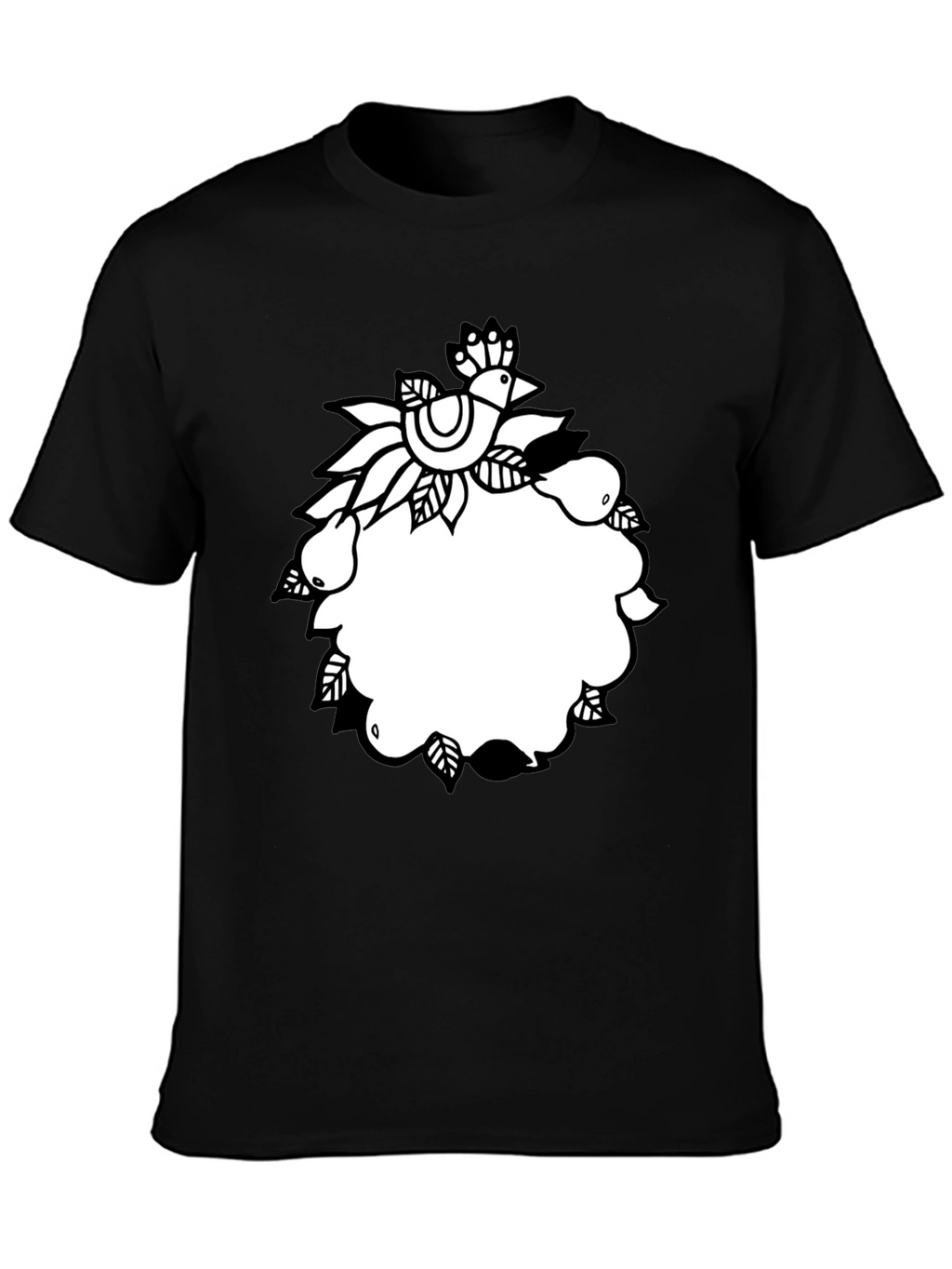 Black Tee with Folk Art Bird and Pear Design