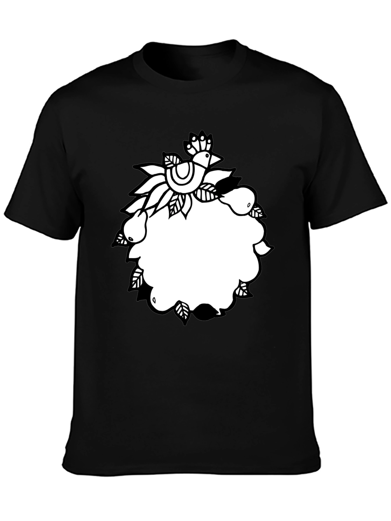 Black Tee with Folk Art Bird and Pear Design