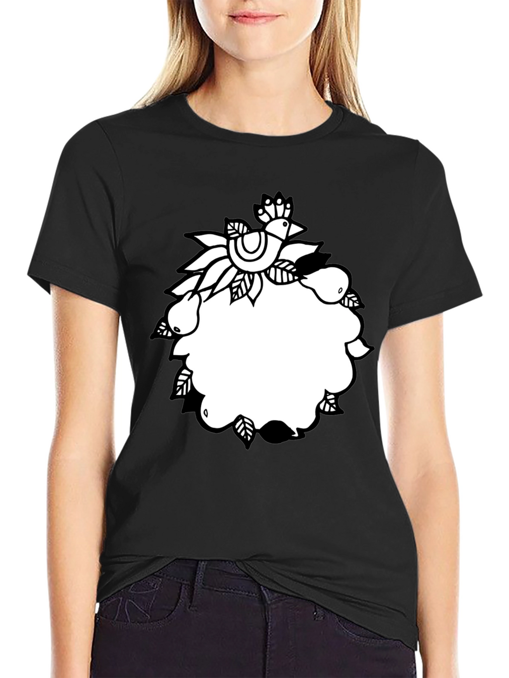 Black Tee with Folk Art Bird and Pear Design