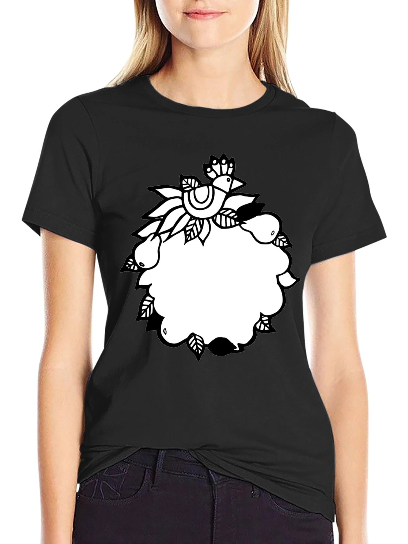 Black Tee with Folk Art Bird and Pear Design