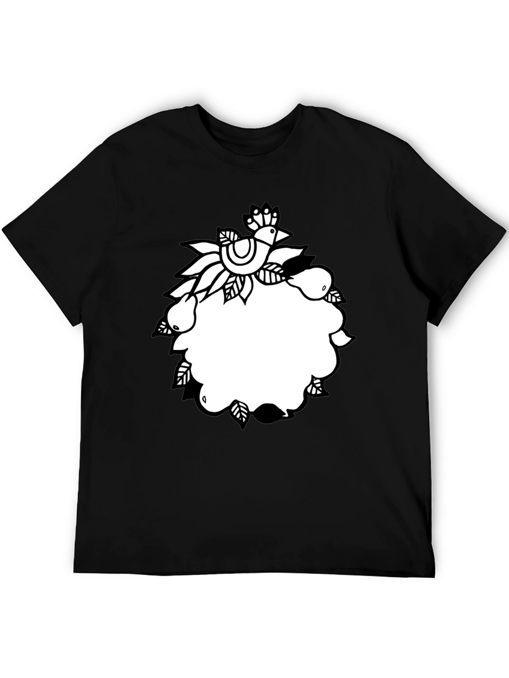 Black Tee with Folk Art Bird and Pear Design