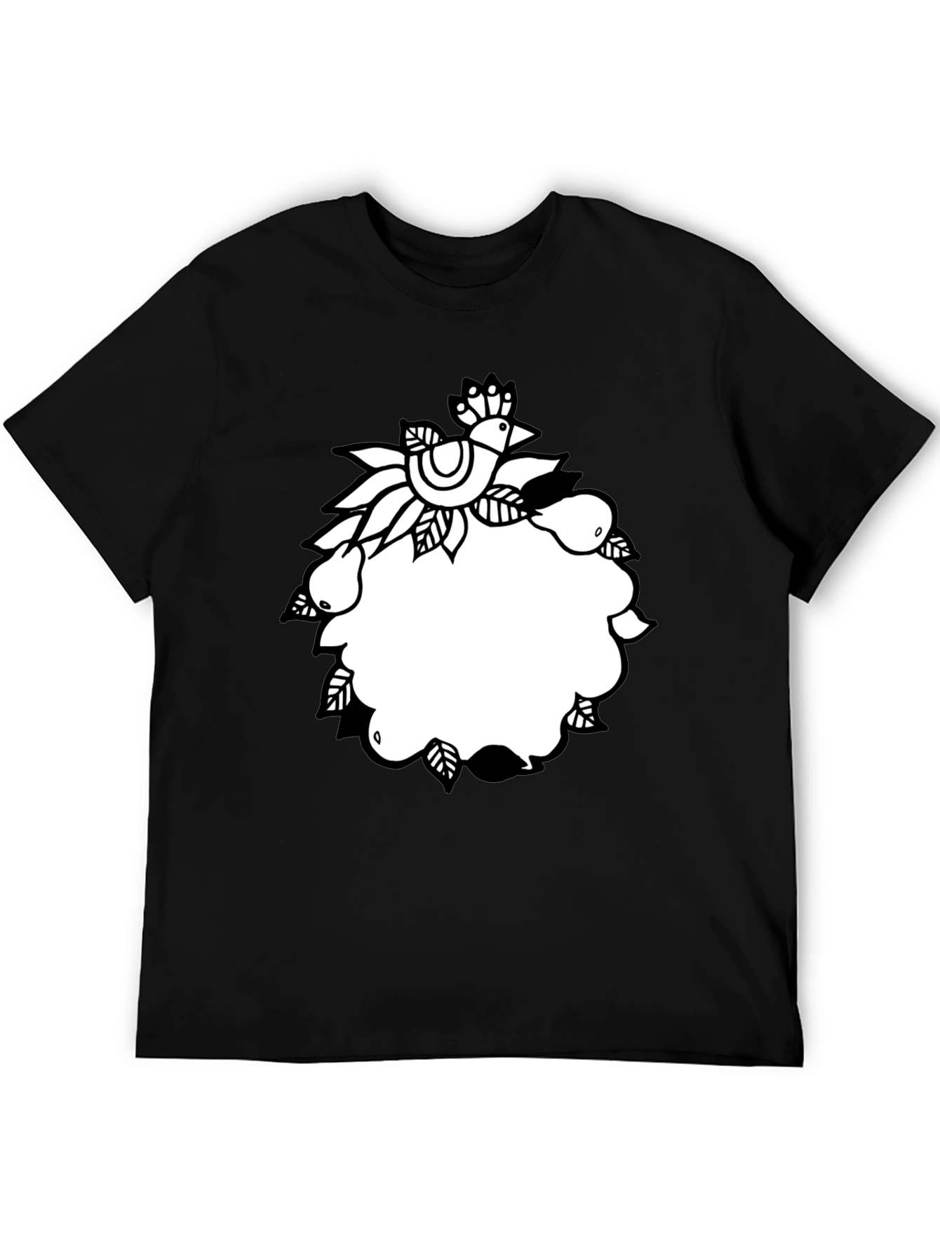 Black Tee with Folk Art Bird and Pear Design