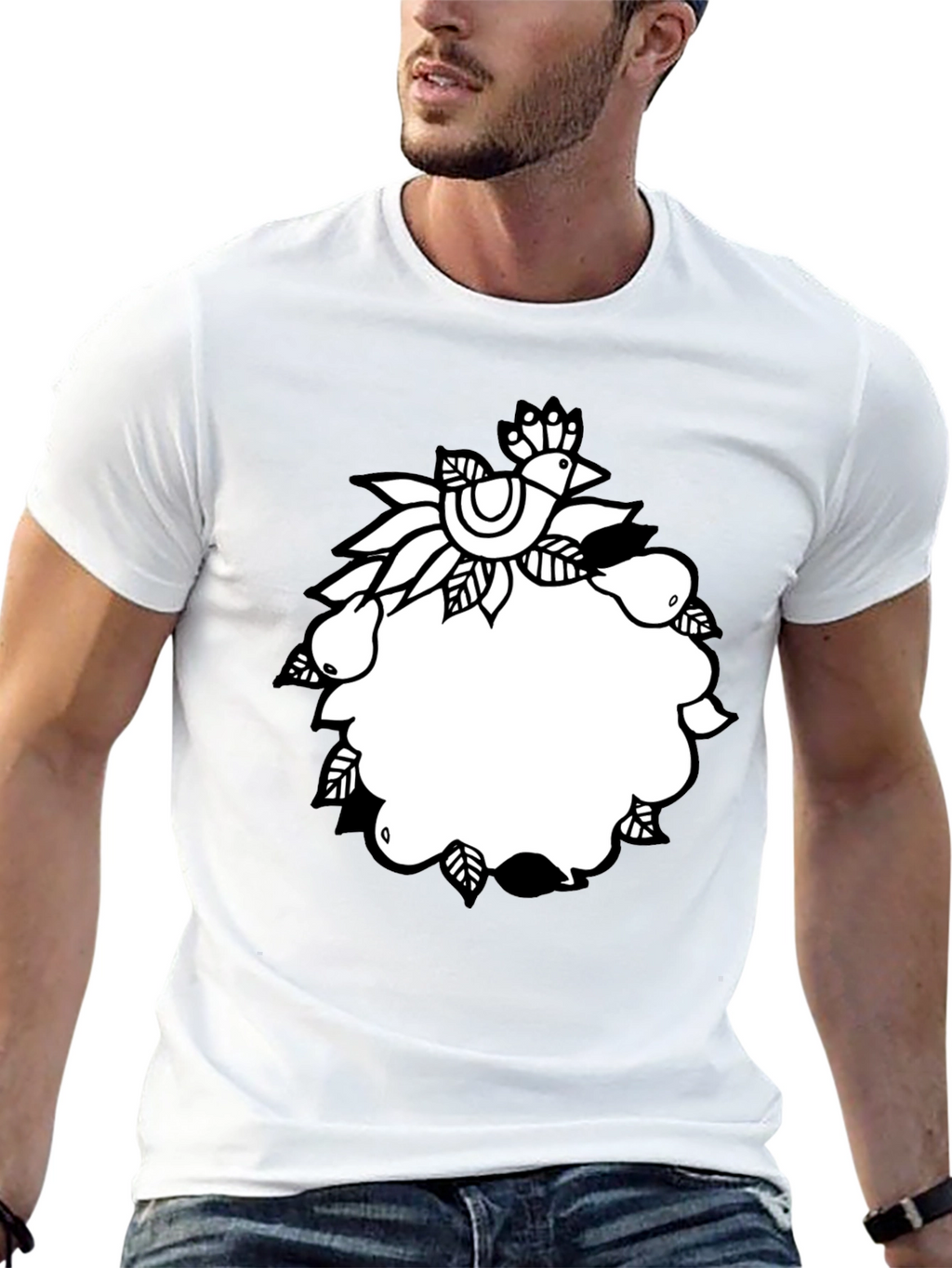 Black Tee with Folk Art Bird and Pear Design