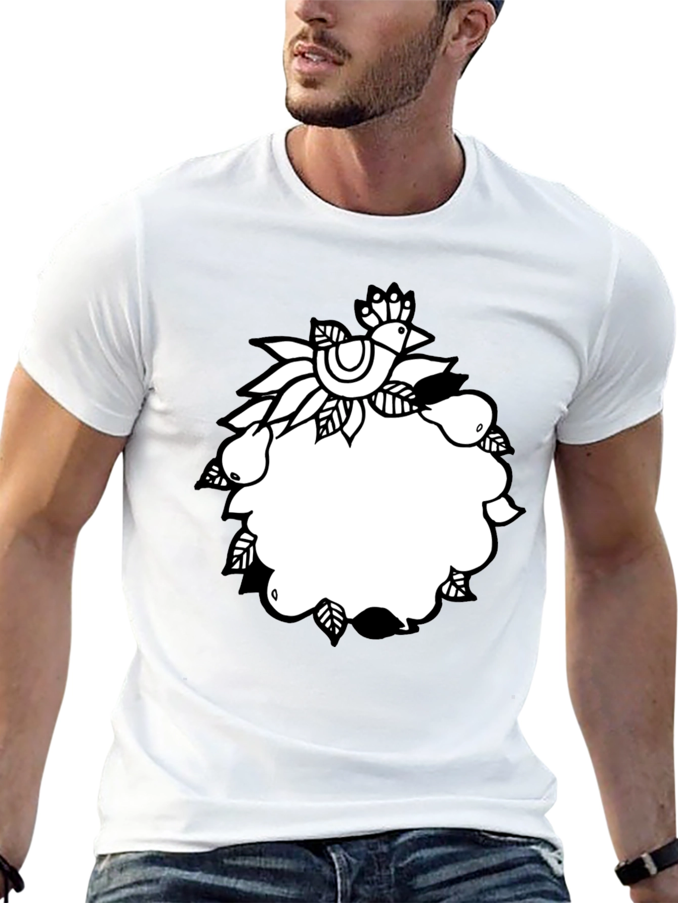Black Tee with Folk Art Bird and Pear Design