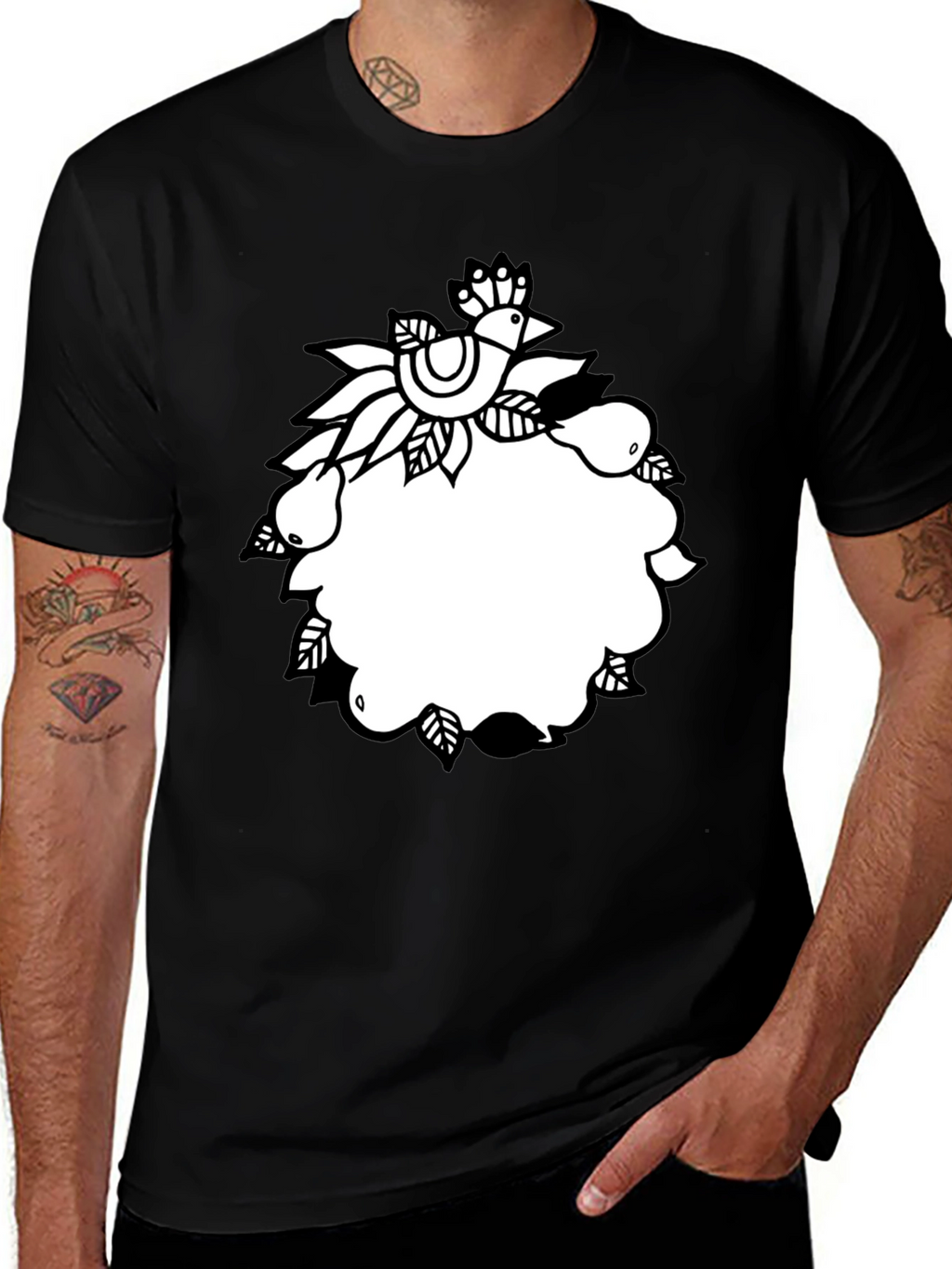 Black Tee with Folk Art Bird and Pear Design