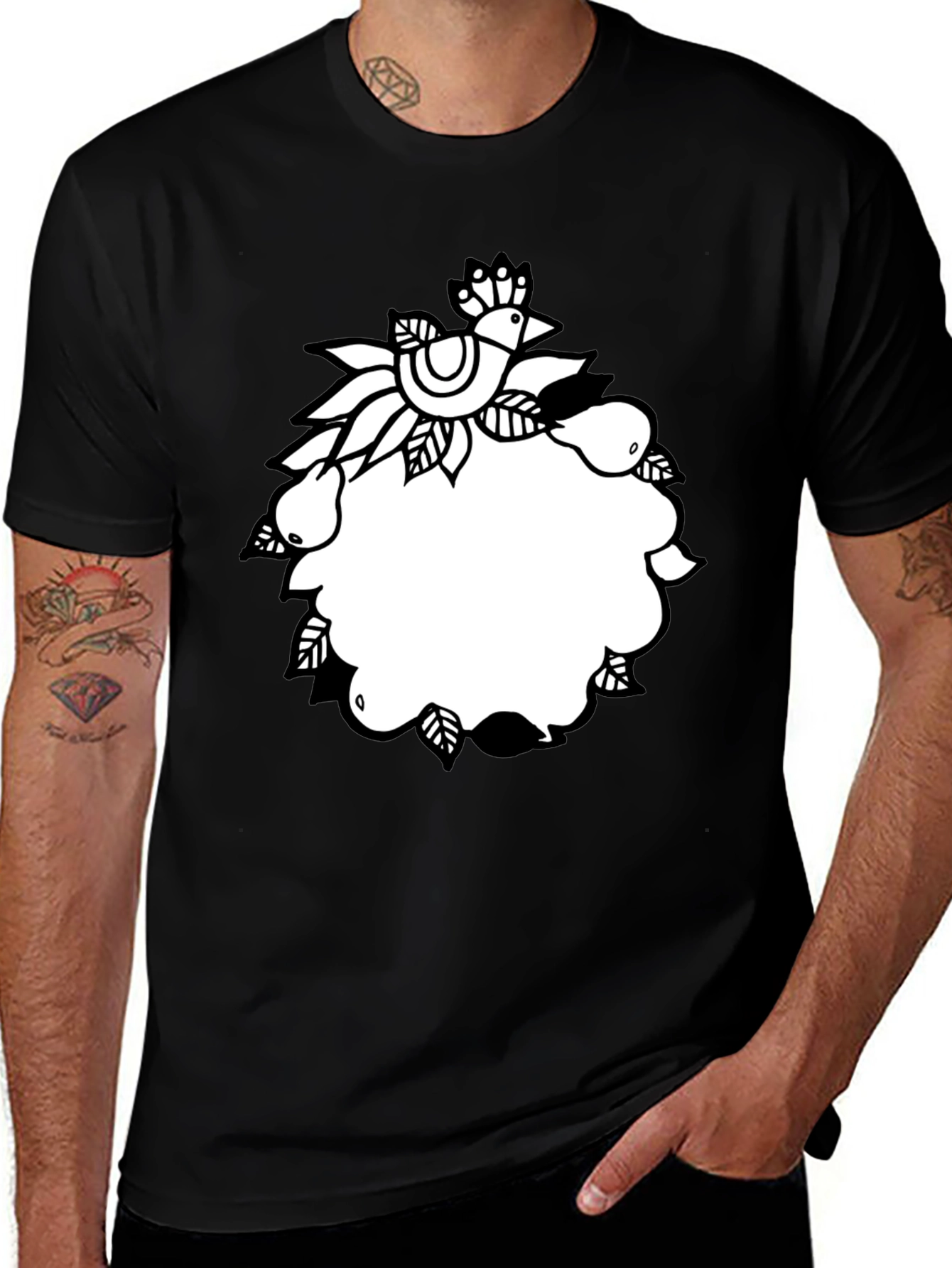 Black Tee with Folk Art Bird and Pear Design