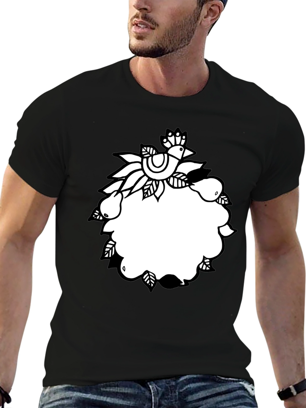 Black Tee with Folk Art Bird and Pear Design