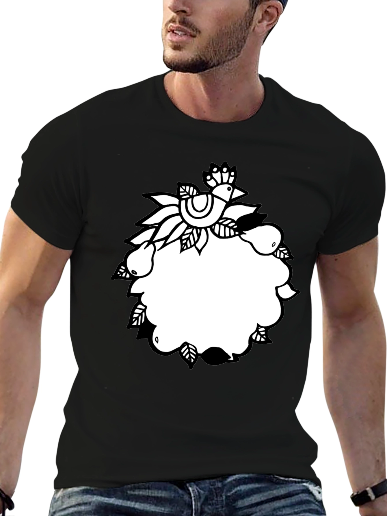 Black Tee with Folk Art Bird and Pear Design