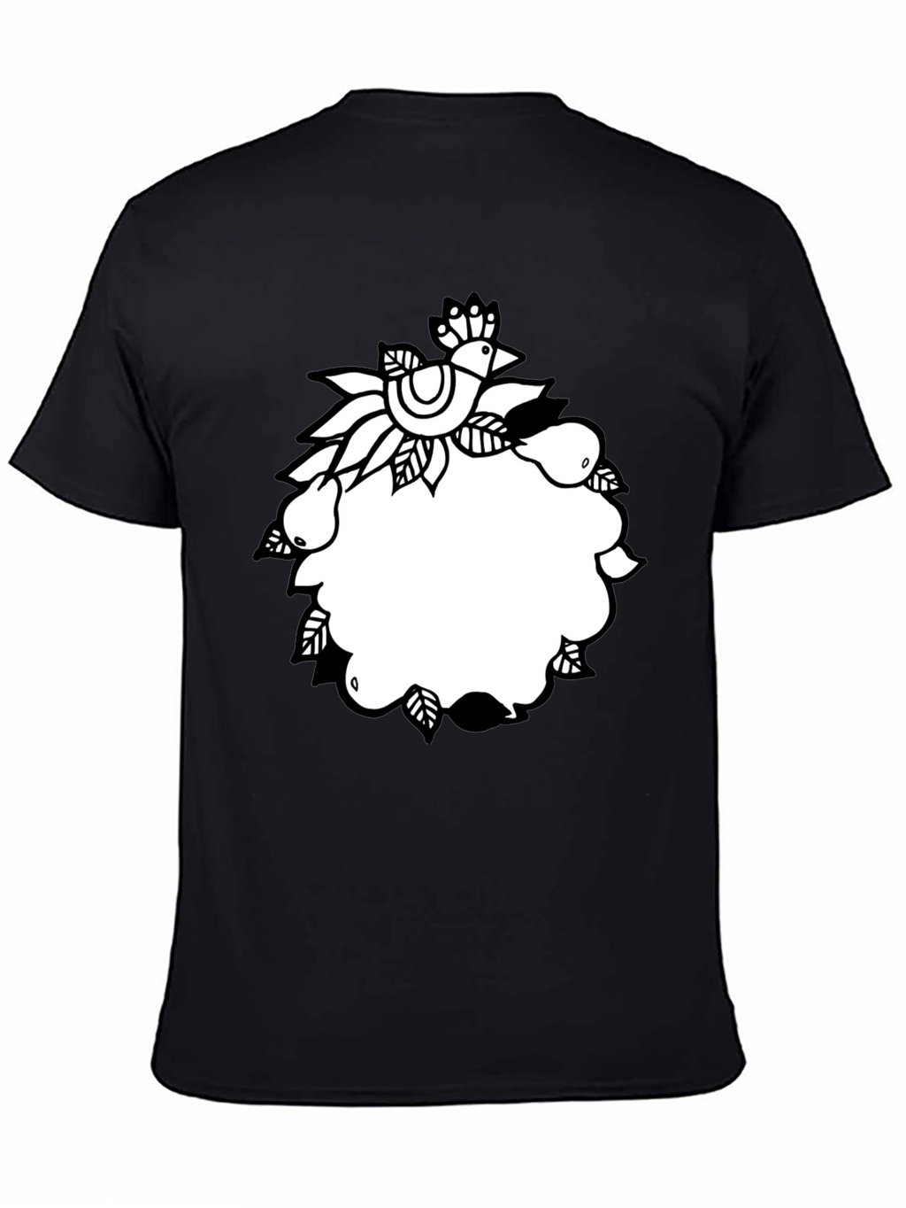 Black Tee with Folk Art Bird and Pear Design