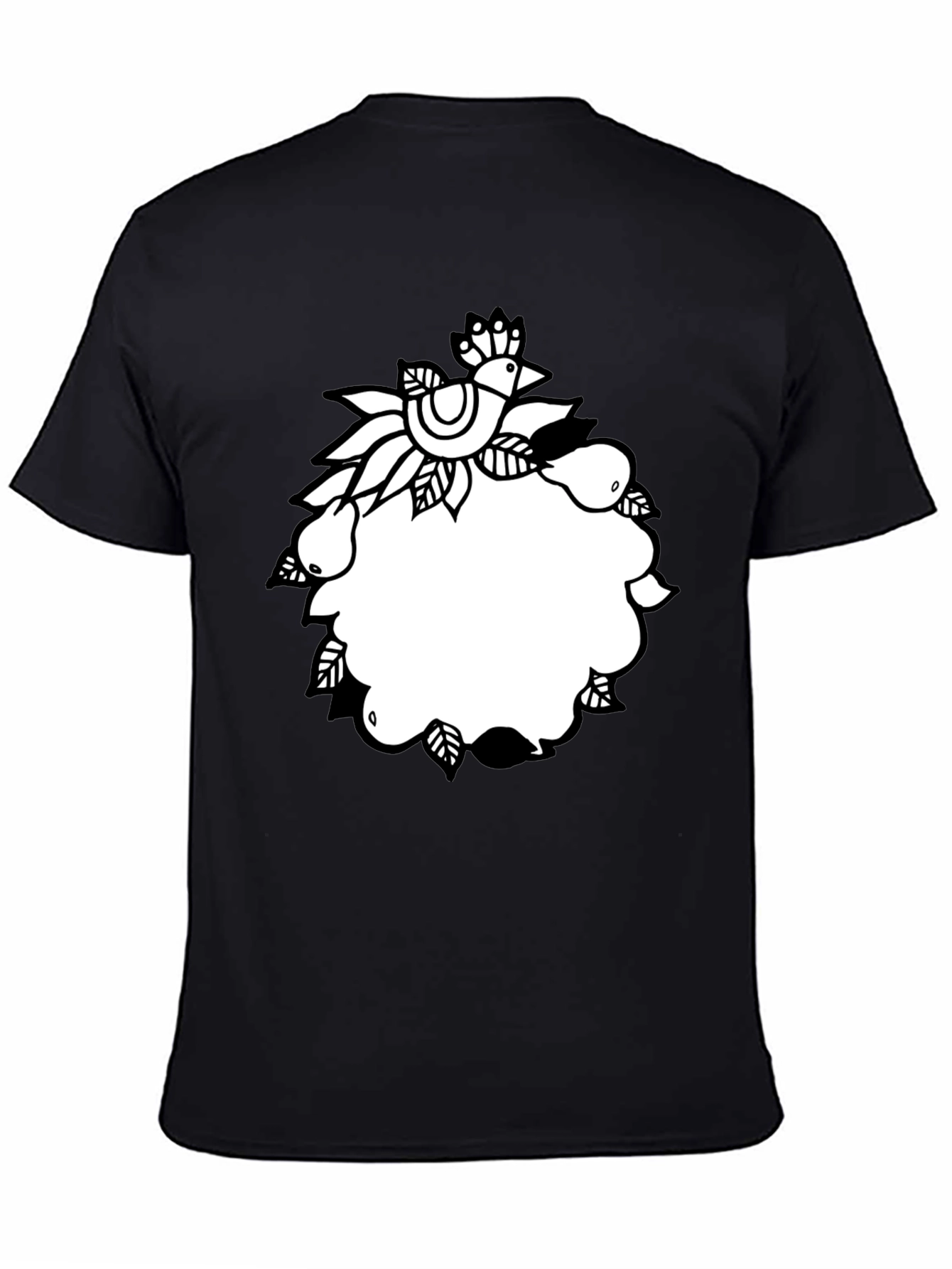 Black Tee with Folk Art Bird and Pear Design