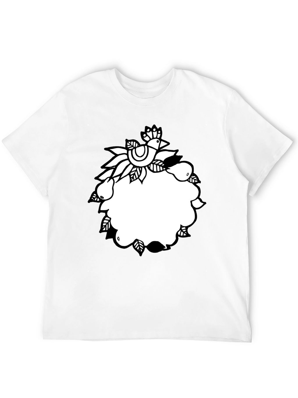 Black Tee with Folk Art Bird and Pear Design