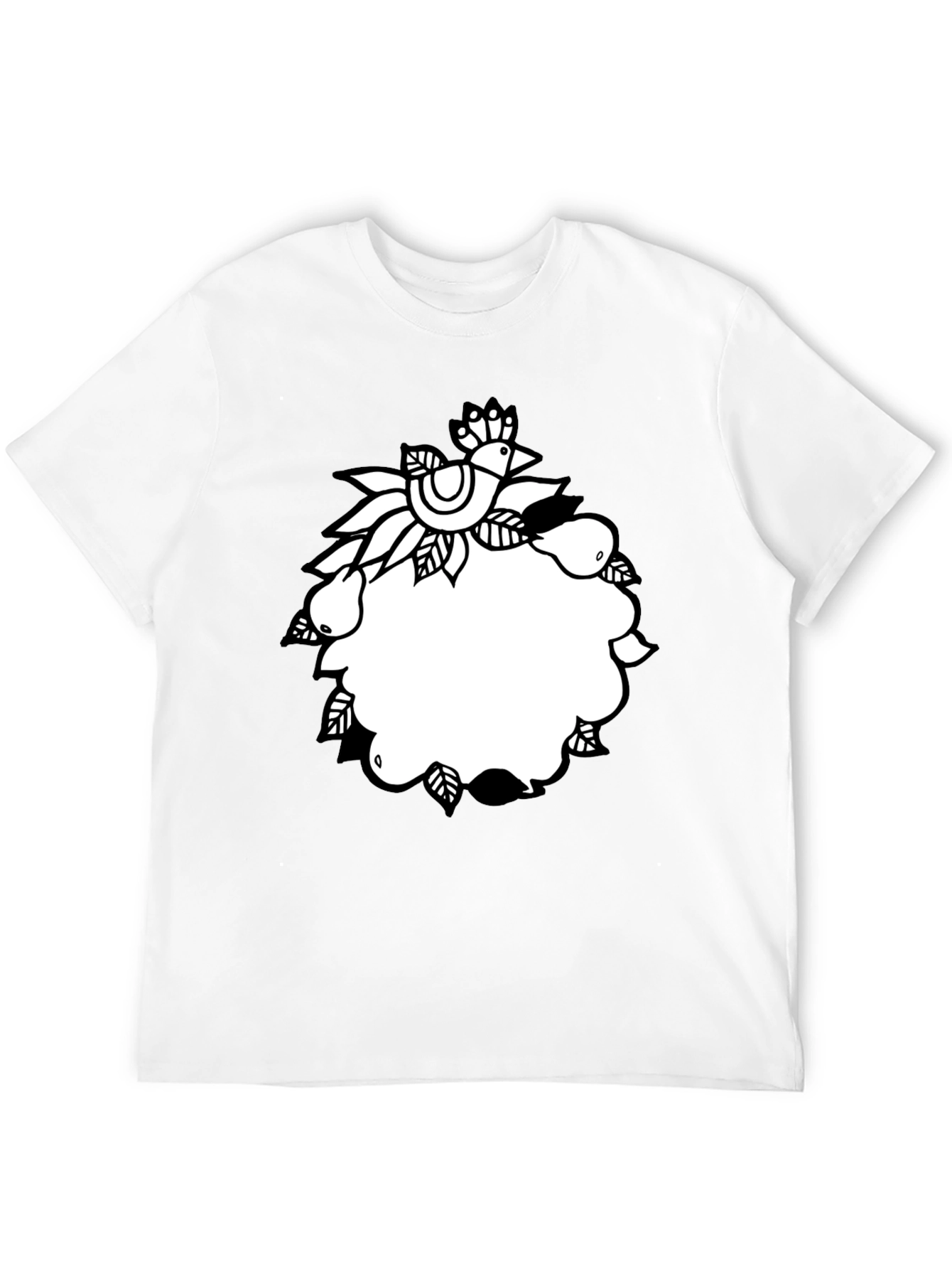 Black Tee with Folk Art Bird and Pear Design