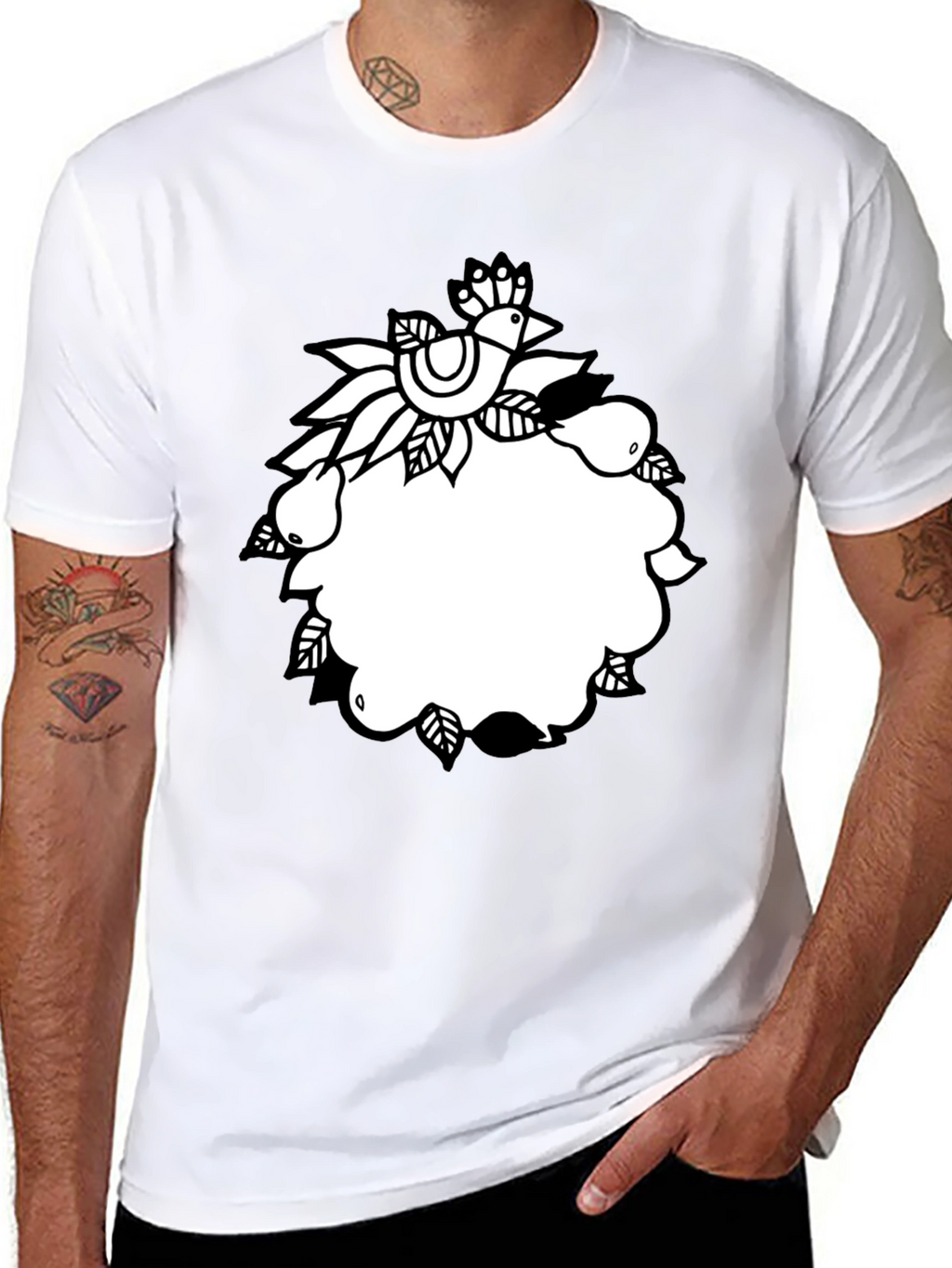 Black Tee with Folk Art Bird and Pear Design