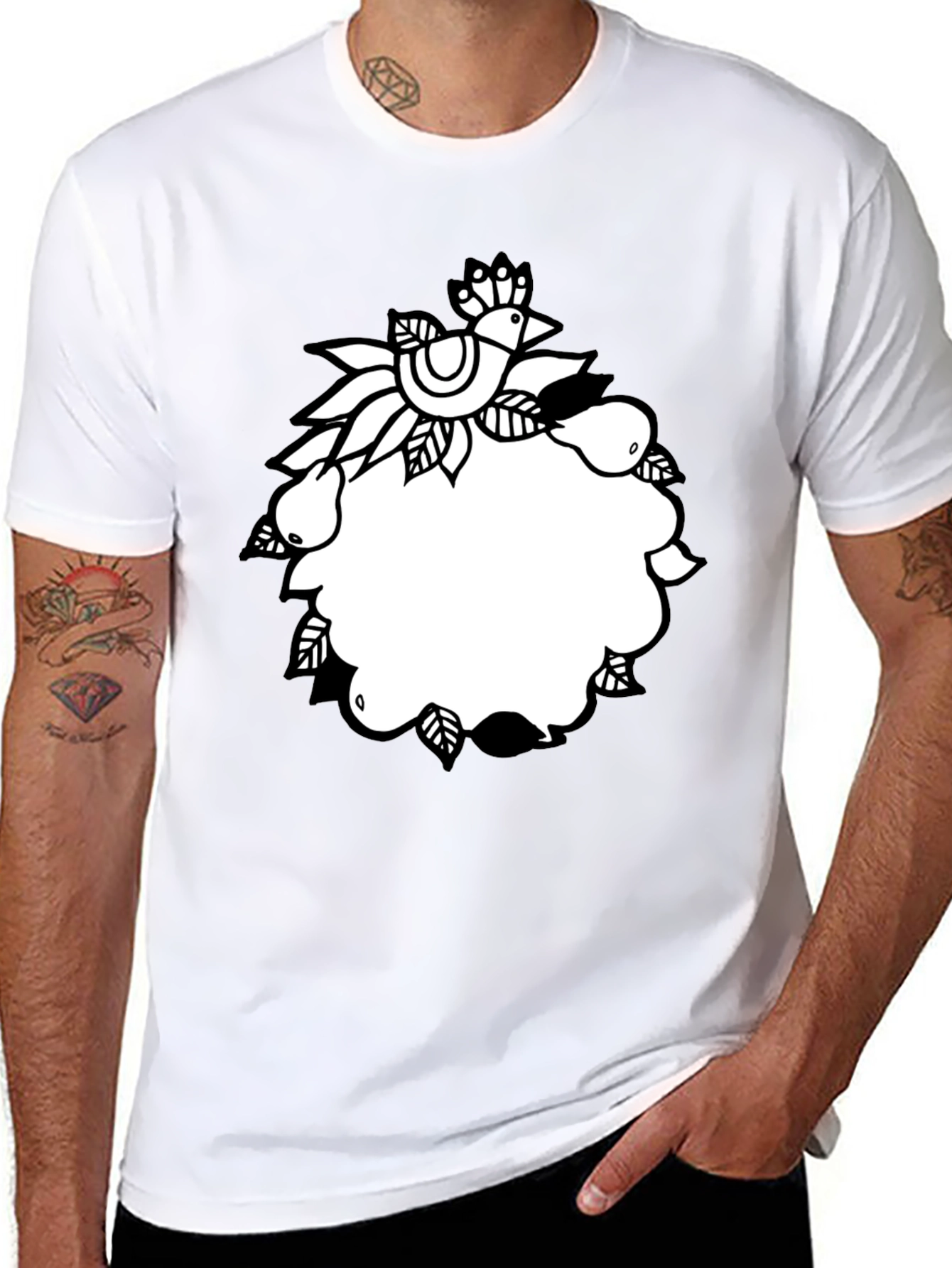Black Tee with Folk Art Bird and Pear Design