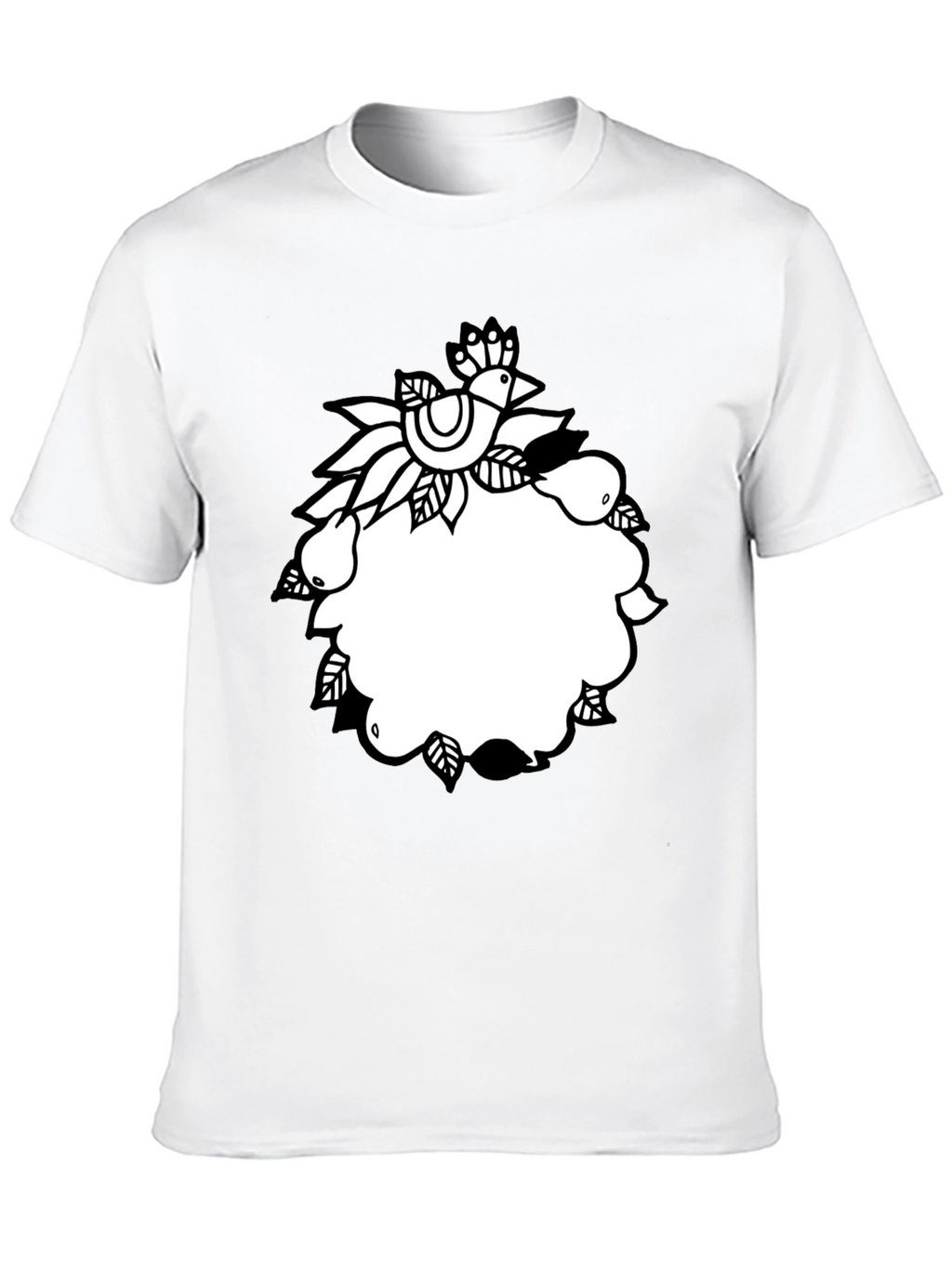 Black Tee with Folk Art Bird and Pear Design