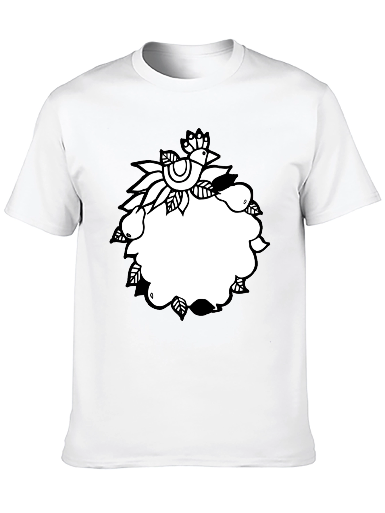 Black Tee with Folk Art Bird and Pear Design