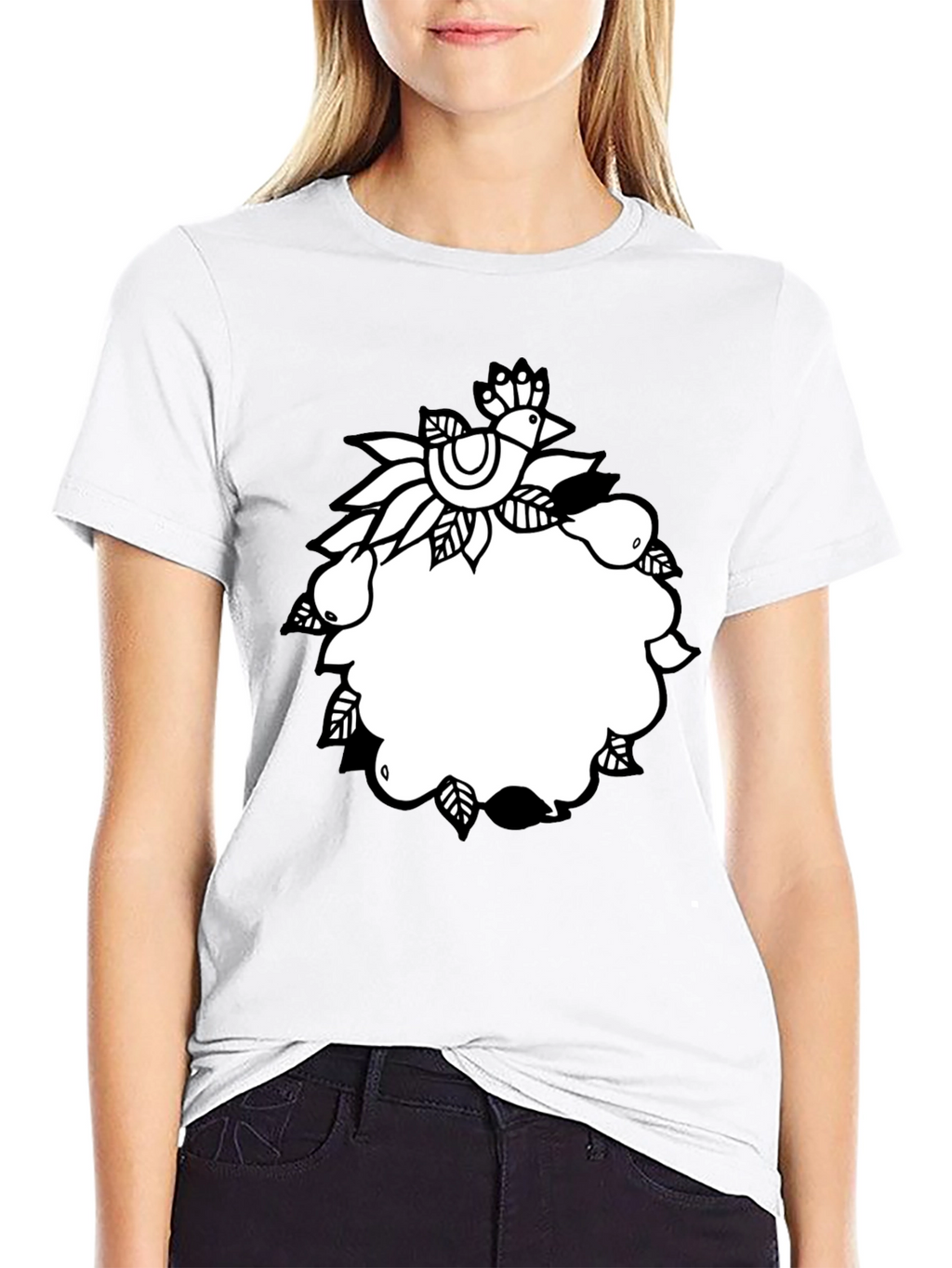 Black Tee with Folk Art Bird and Pear Design