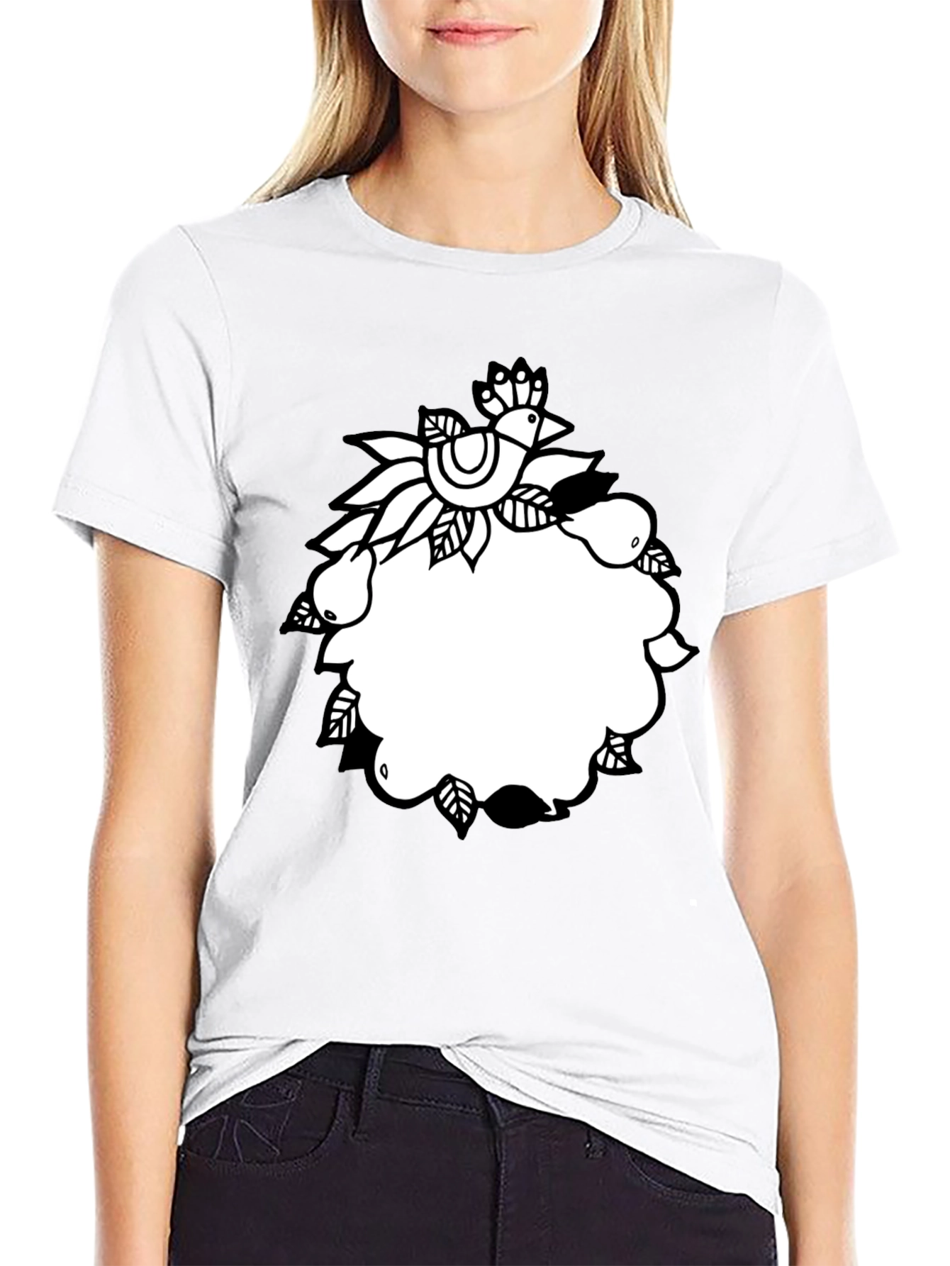Black Tee with Folk Art Bird and Pear Design