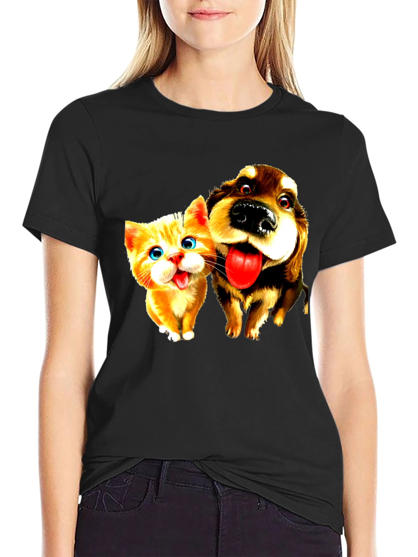 Dog & Cat Cartoon Graphic Black T-Shirt