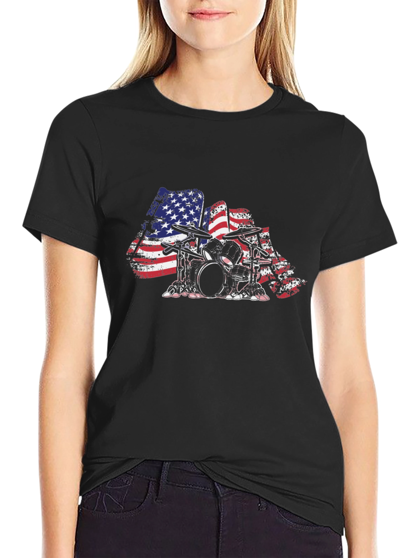 American Flag Drum Set T-Shirt - Patriotic Drummer Tee