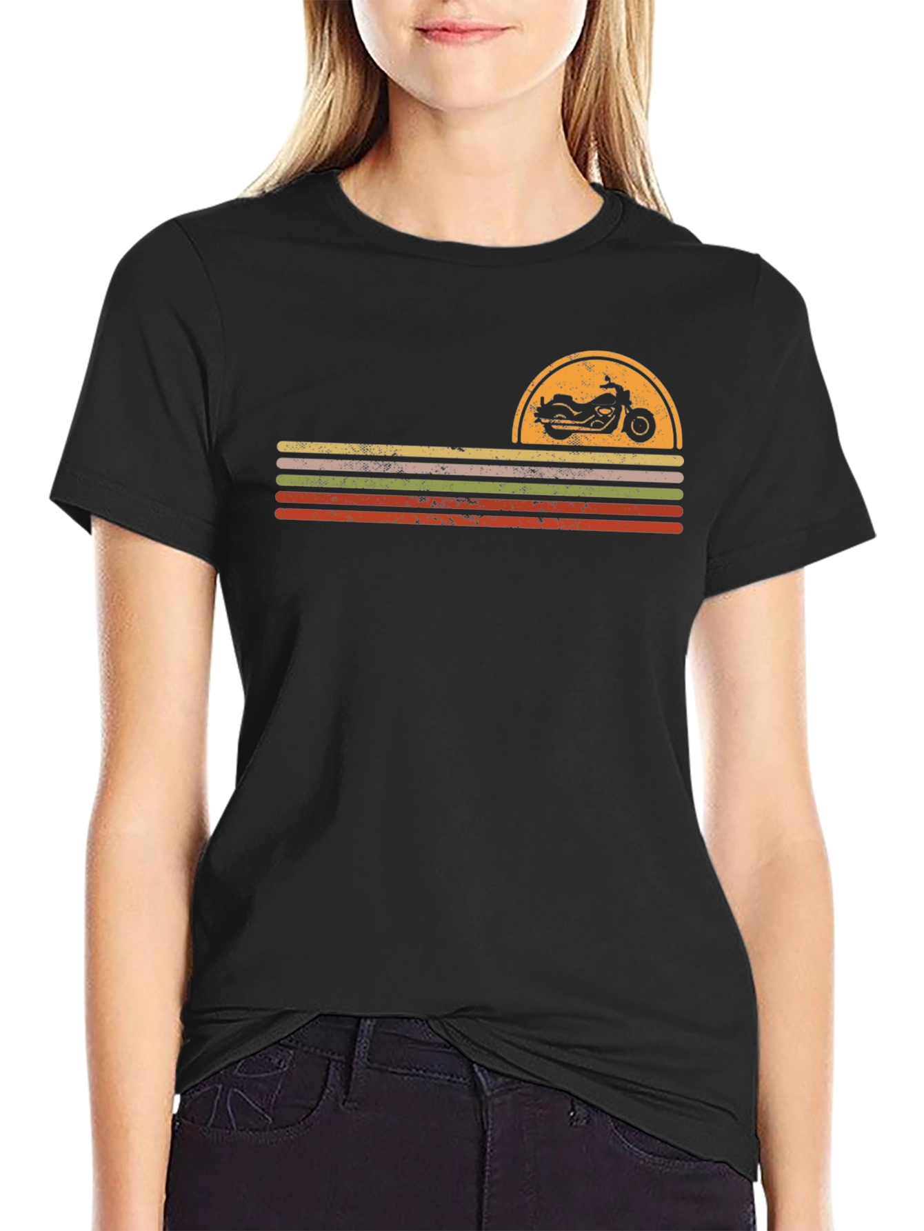 Retro Motorcycle Sunset Graphic Tee - Black